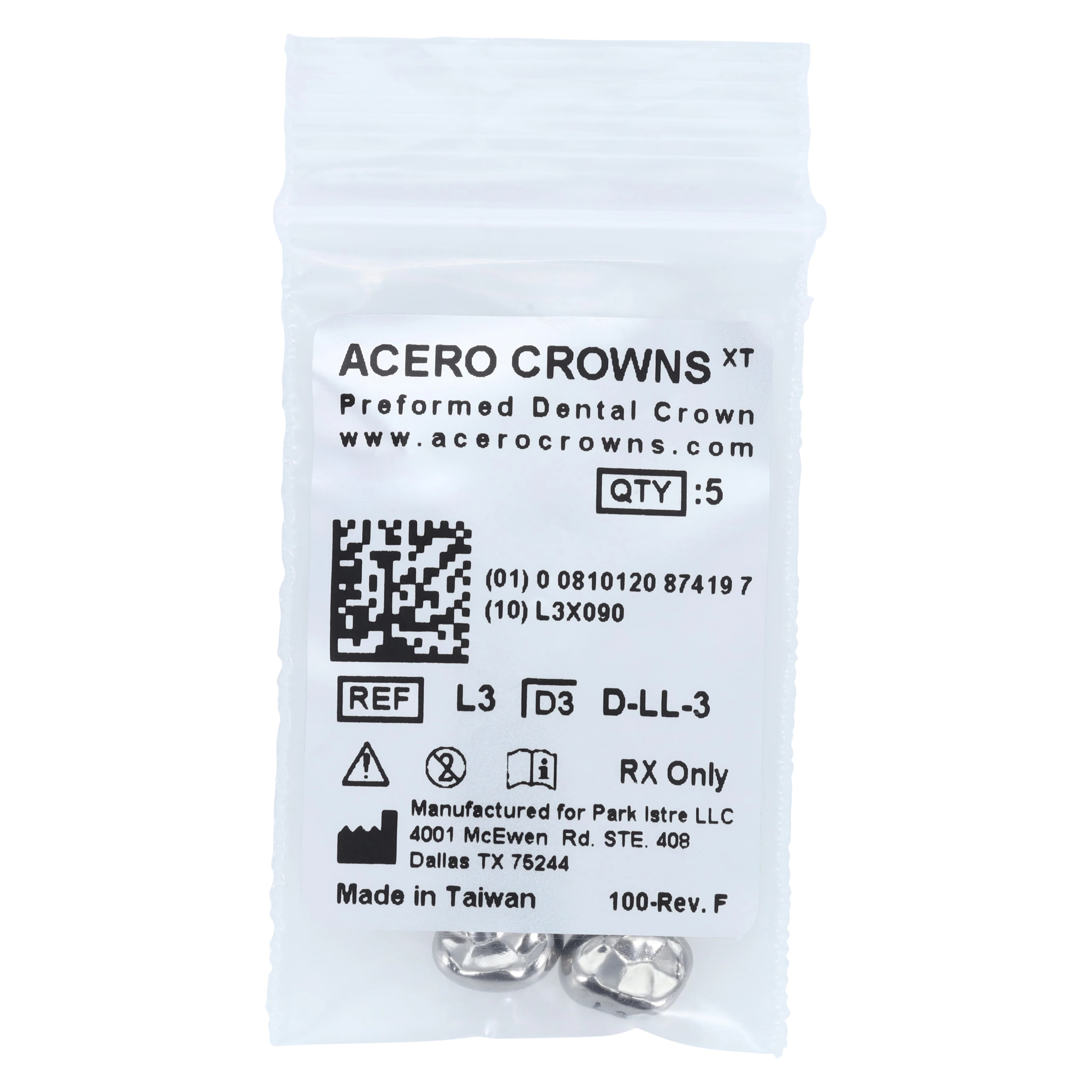 Acero XT Stainless Steel Crown, Lower Left Primary First Molar "L", Size 3, 5/Pack, D-LL-3 - Acero XT Lower Left First Molar "L" Refill 5/Pack - Image 1