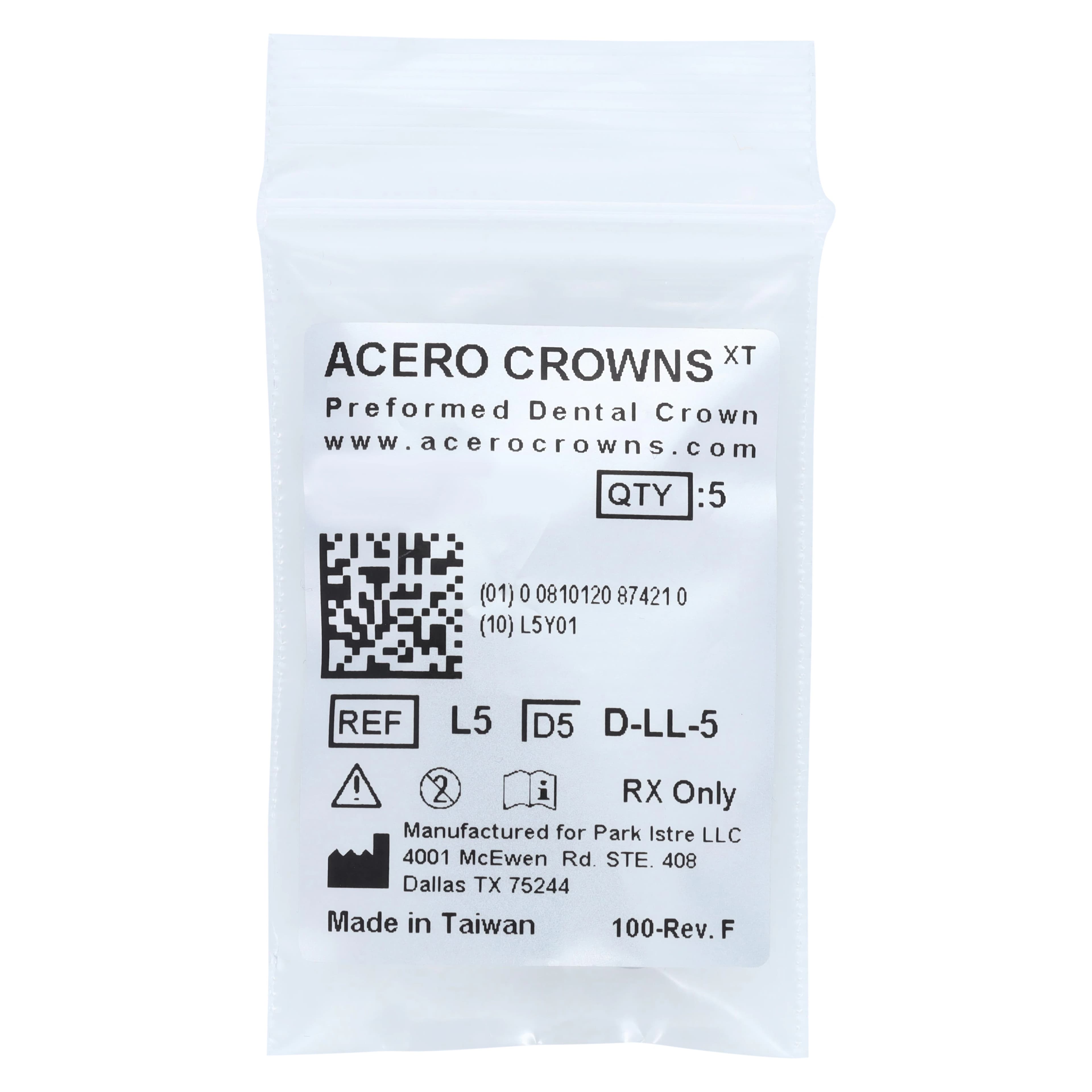 Acero XT Stainless Steel Crown, Lower Left Primary First Molar, Size 5, 5/Pack, D-LL-5 - Acero XT Lower Left First Molar "L" Refill 5/Pack - Image 1