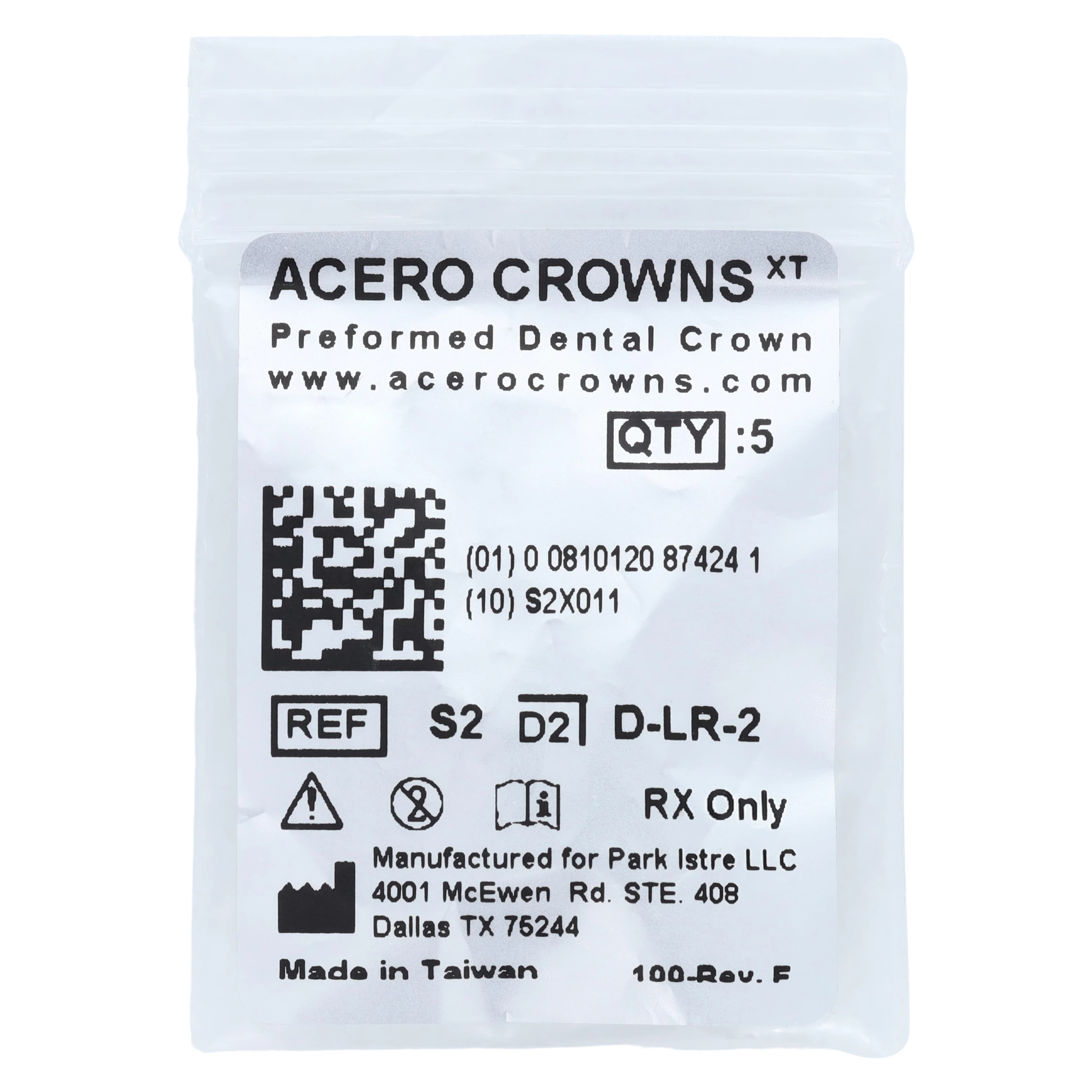 Acero XT Stainless Steel Crown, Lower Right Primary First Molar, Size 2, 5/Pack (D-LR-2) - Acero XT Lower Right First Molar "S" Refill 5/Pack - Image 1