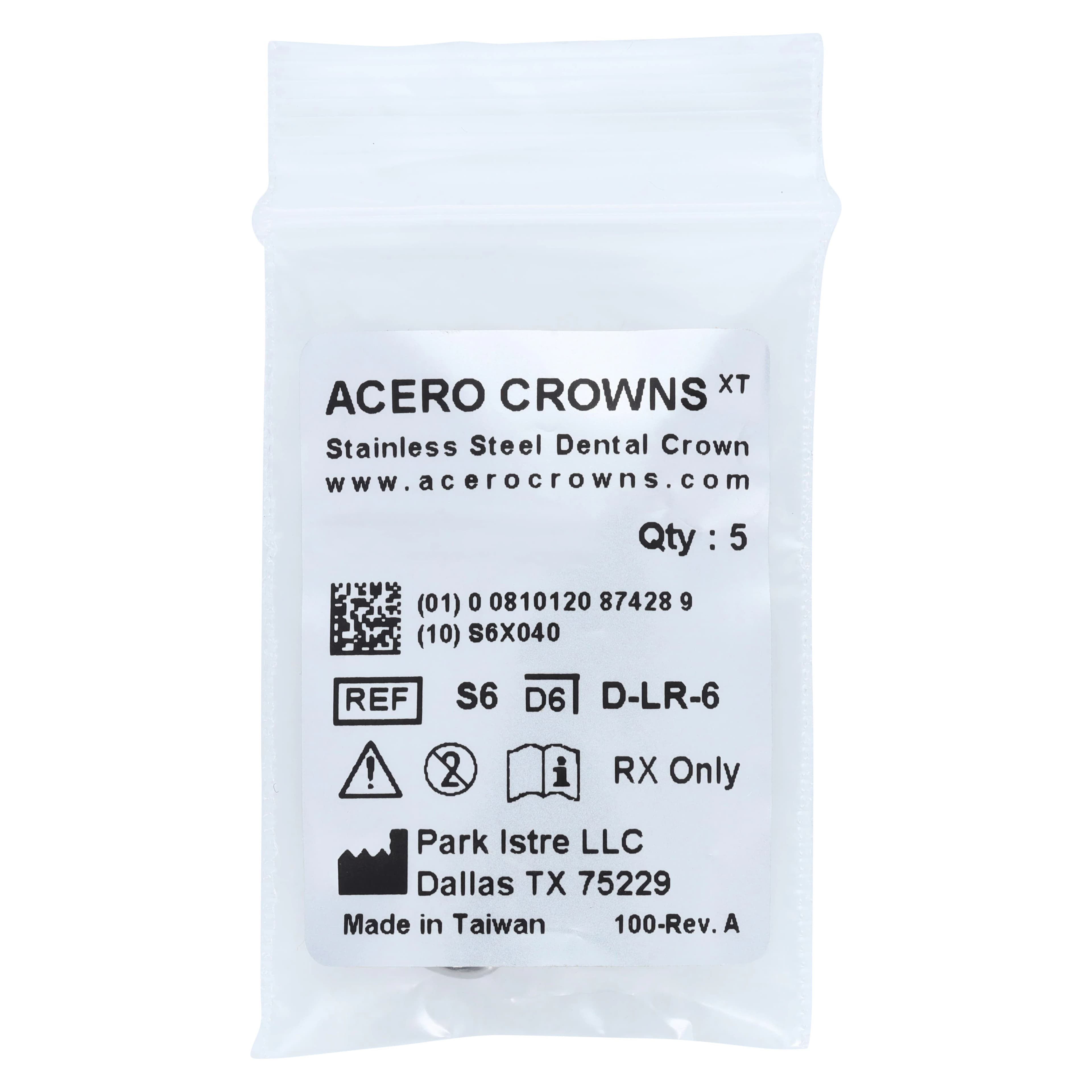 Acero XT Stainless Steel Crowns, Lower Right Primary First Molar, Size 6, 5/Pack (D-LR-6) - Acero XT Lower Right First Molar "S" Refill 5/Pack - Image 1