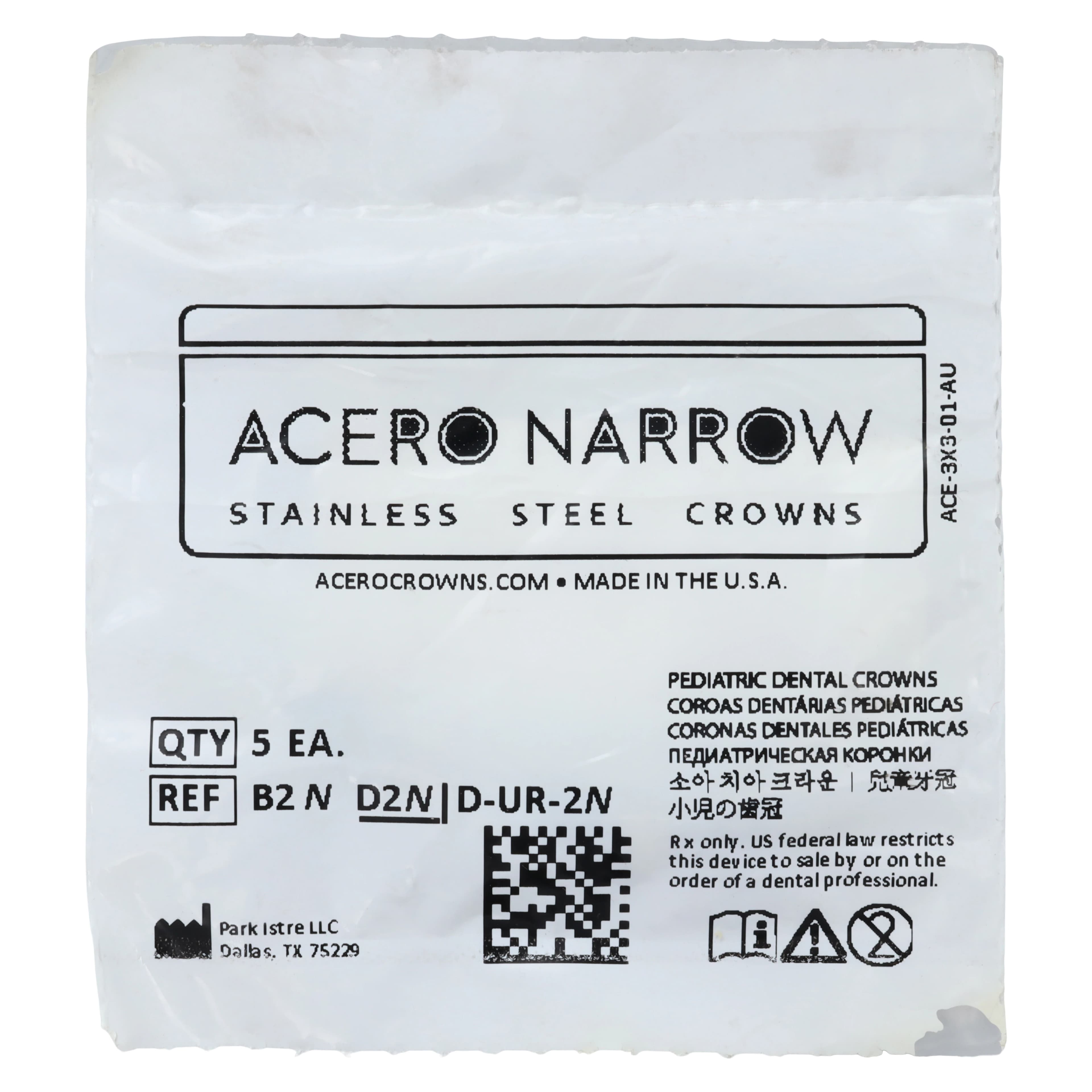 Acero Narrow Stainless Steel Crown, Upper Right Primary First Molar, Size 2 (B2), 5/Pack - Acero Narrow Upper Right First Molar "B" Refill 5/Pack - Image 1