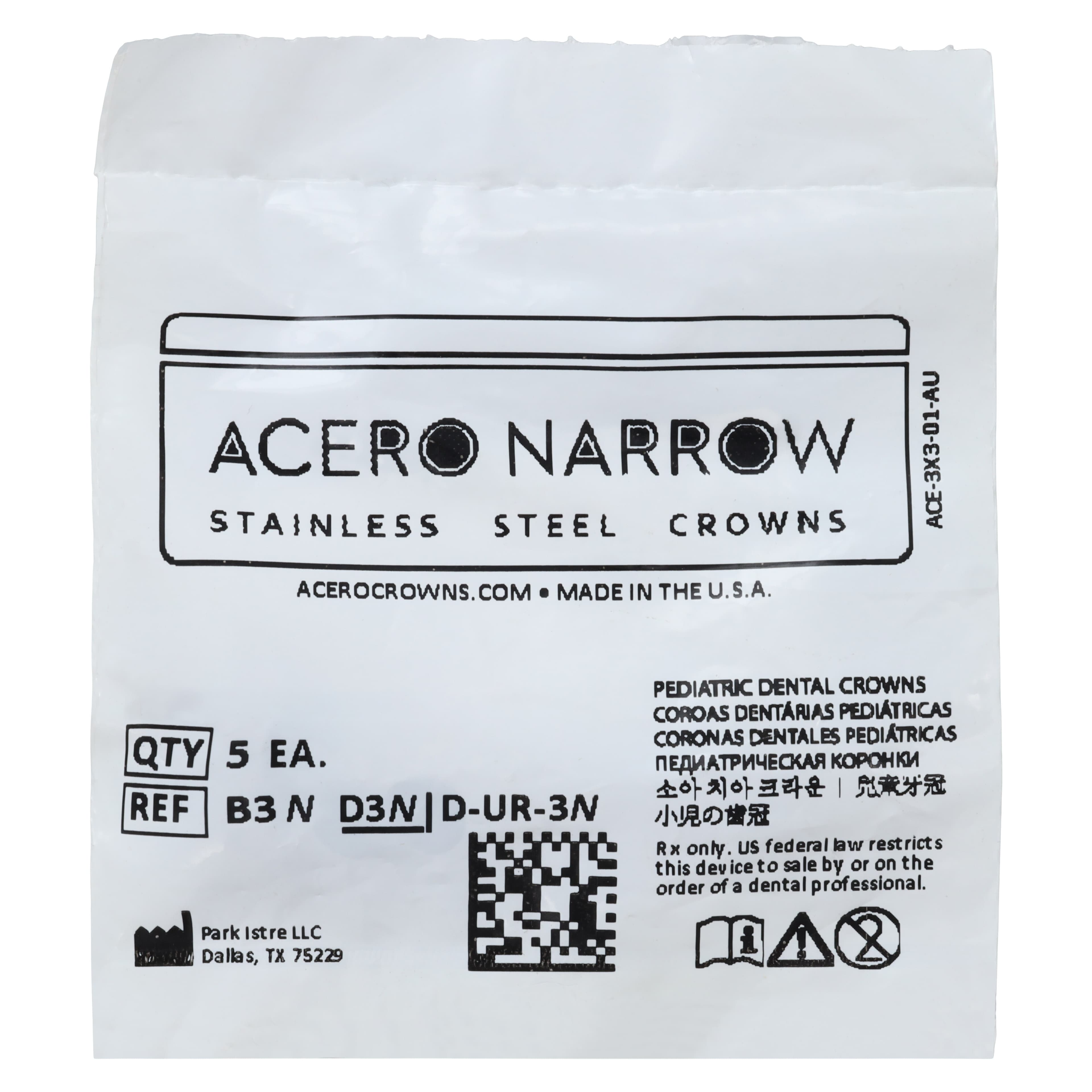 Acero Narrow Stainless Steel Crown, Upper Right Primary First Molar, Size 3, 5/Pack thumbnail 2