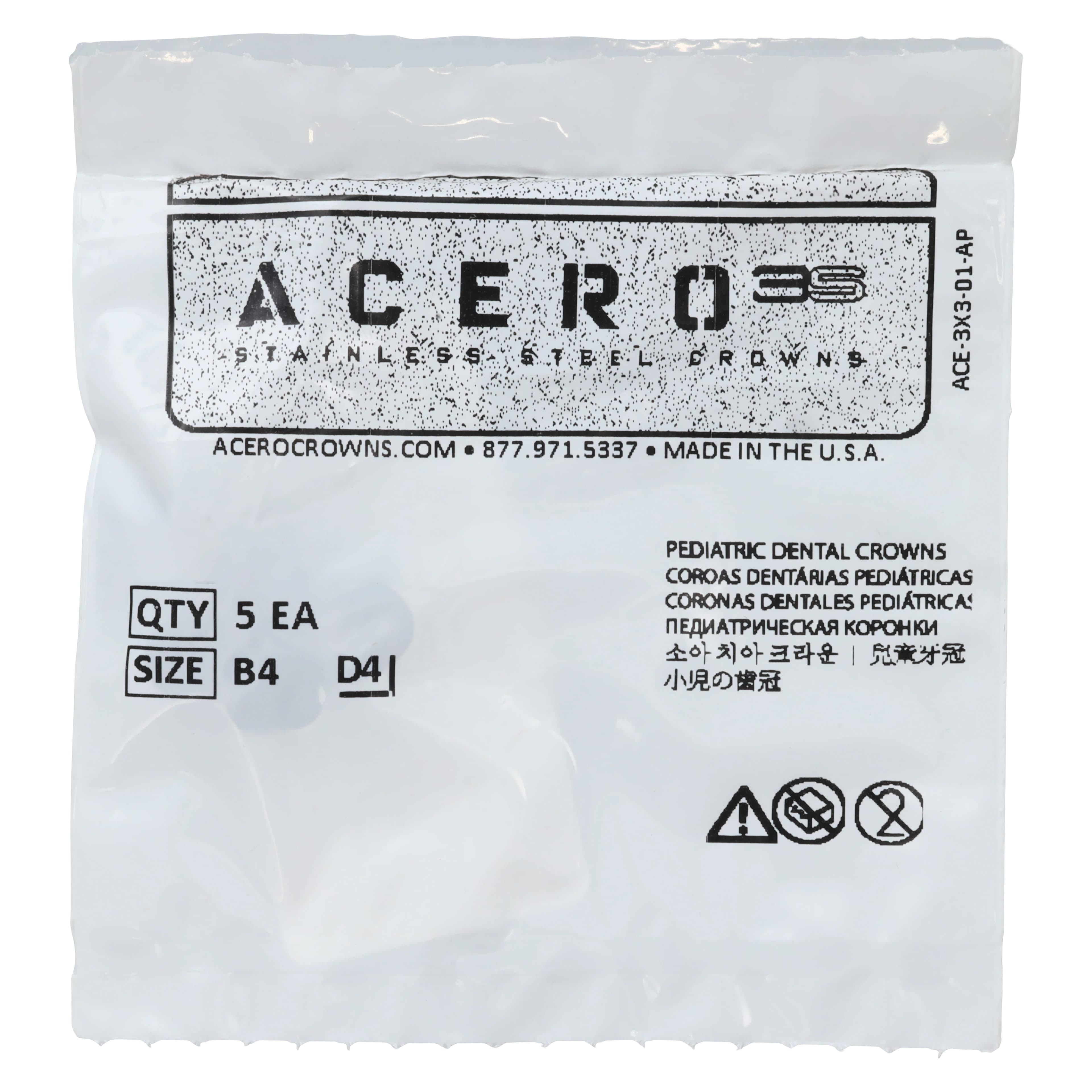 Acero 3S Stainless Steel Primary Molar Crown, Upper Right First Molar (B), Size 4, 5/Pack - Acero 3S Upper Right First Molar "B" Refill 5/Pack - Image 1