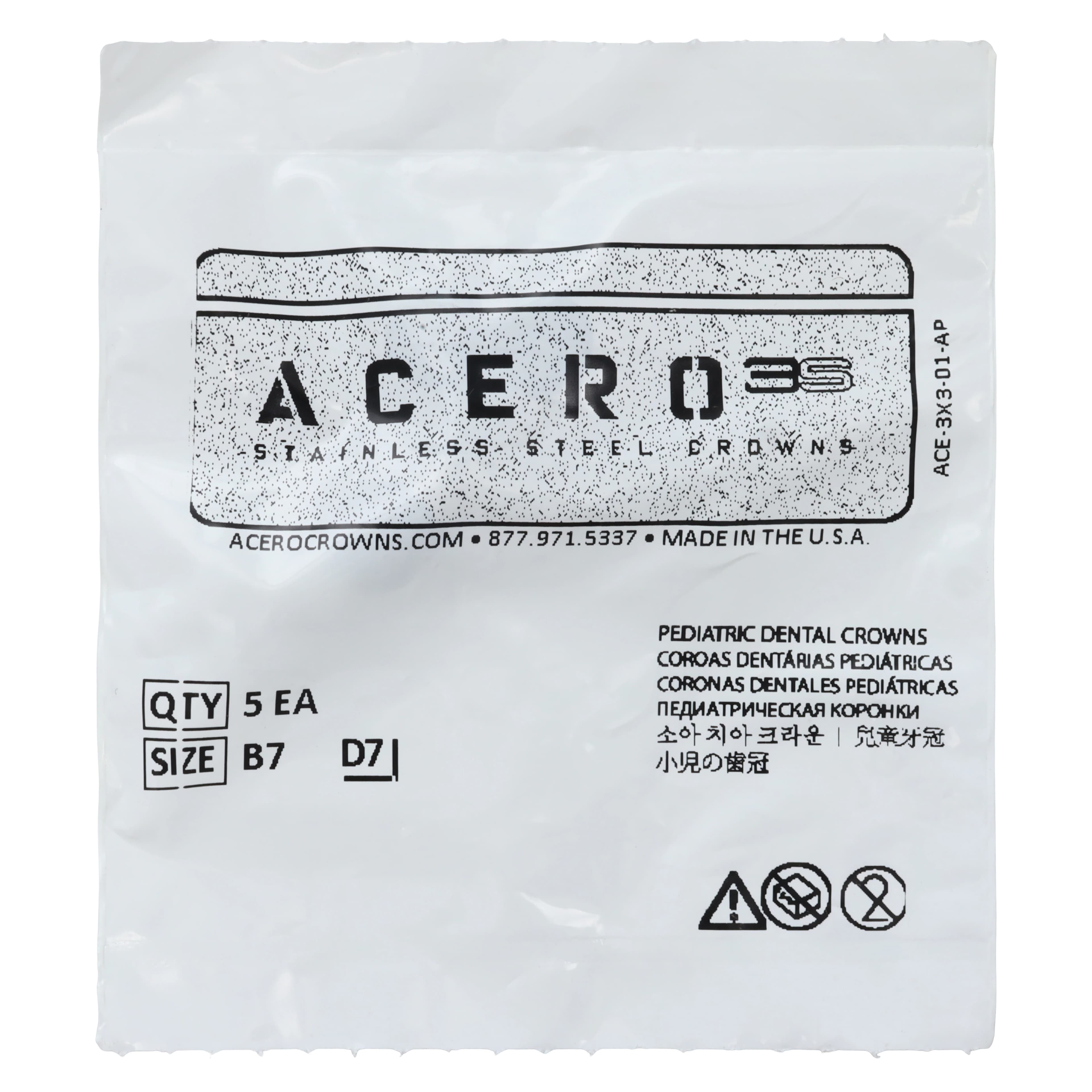 Acero 3S Primary Molar Stainless Steel Crown, Upper Right First Molar (Tooth B), Size 7, 5/Pack - Acero 3S Upper Right First Molar "B" Refill 5/Pack - Image 1