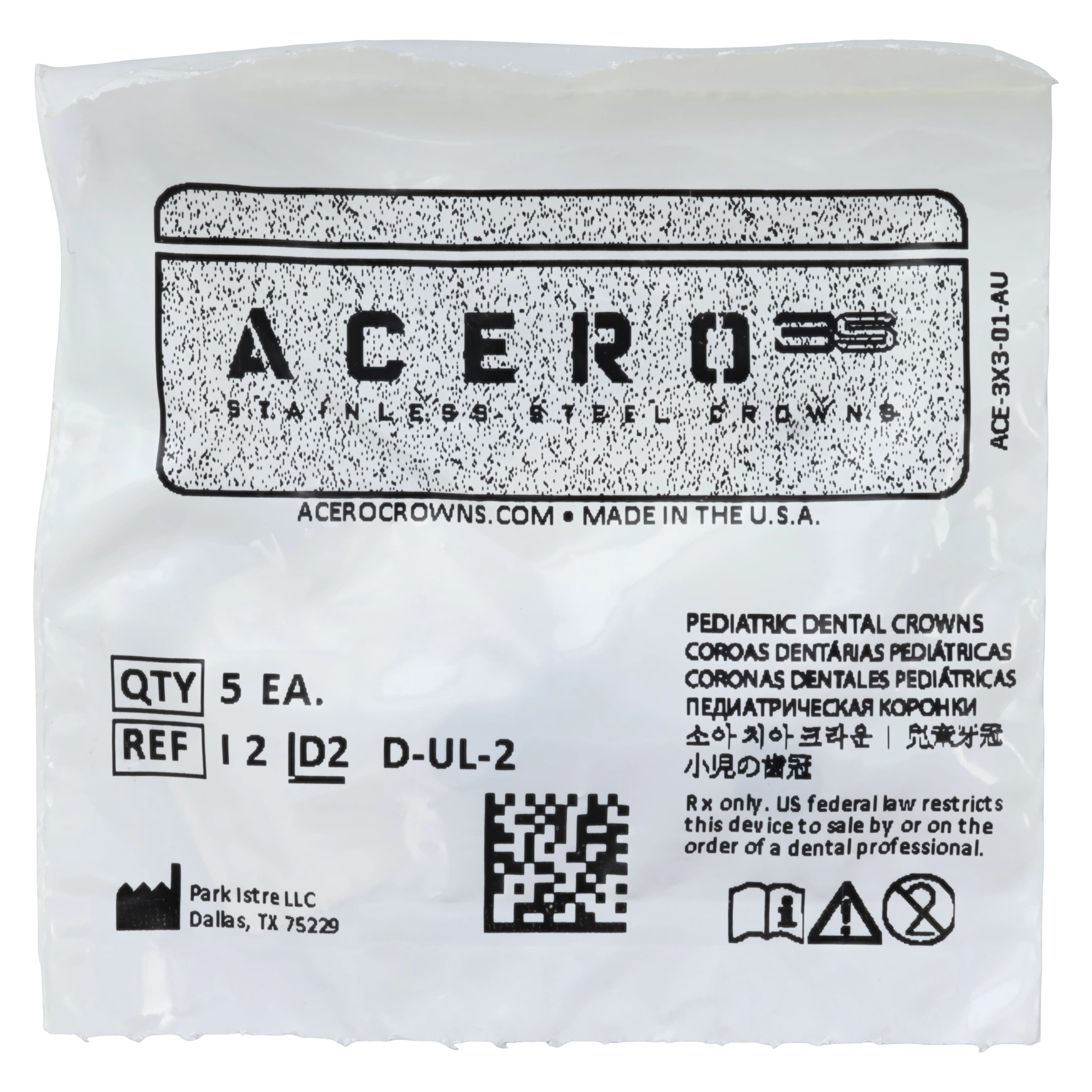 Acero 3S Stainless Steel Primary Molar Crown, Upper Left First Molar (I), Size 2, 5/Pack - Acero 3S Upper Left First Molar "I" Refill 5/Pack - Image 1