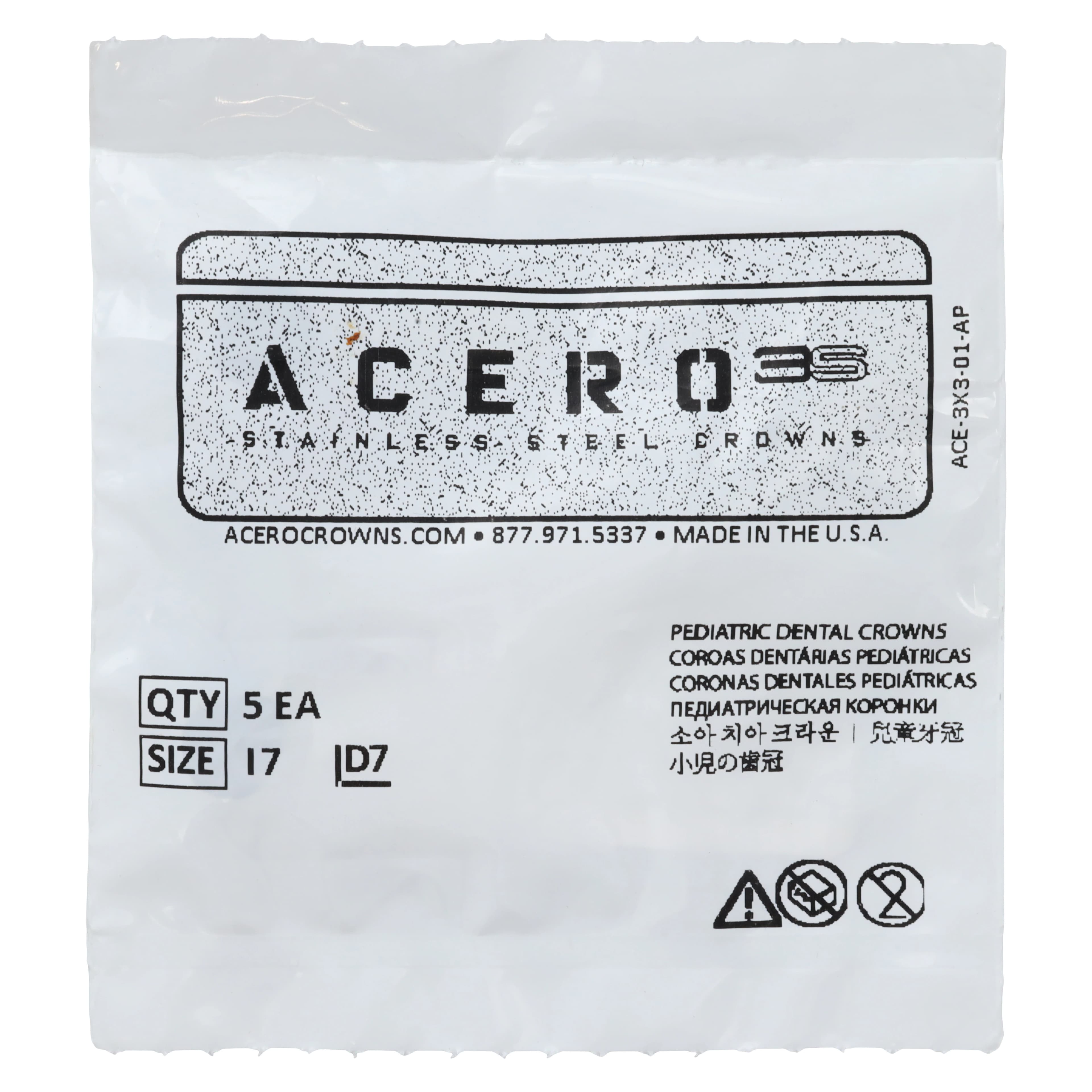 Acero 3S Stainless Steel Primary Molar Crown, Upper Left First Molar (Tooth I), Size 7, 5/Pack, 3S I7 - Acero 3S Upper Left First Molar "I" Refill 5/Pack - Image 1