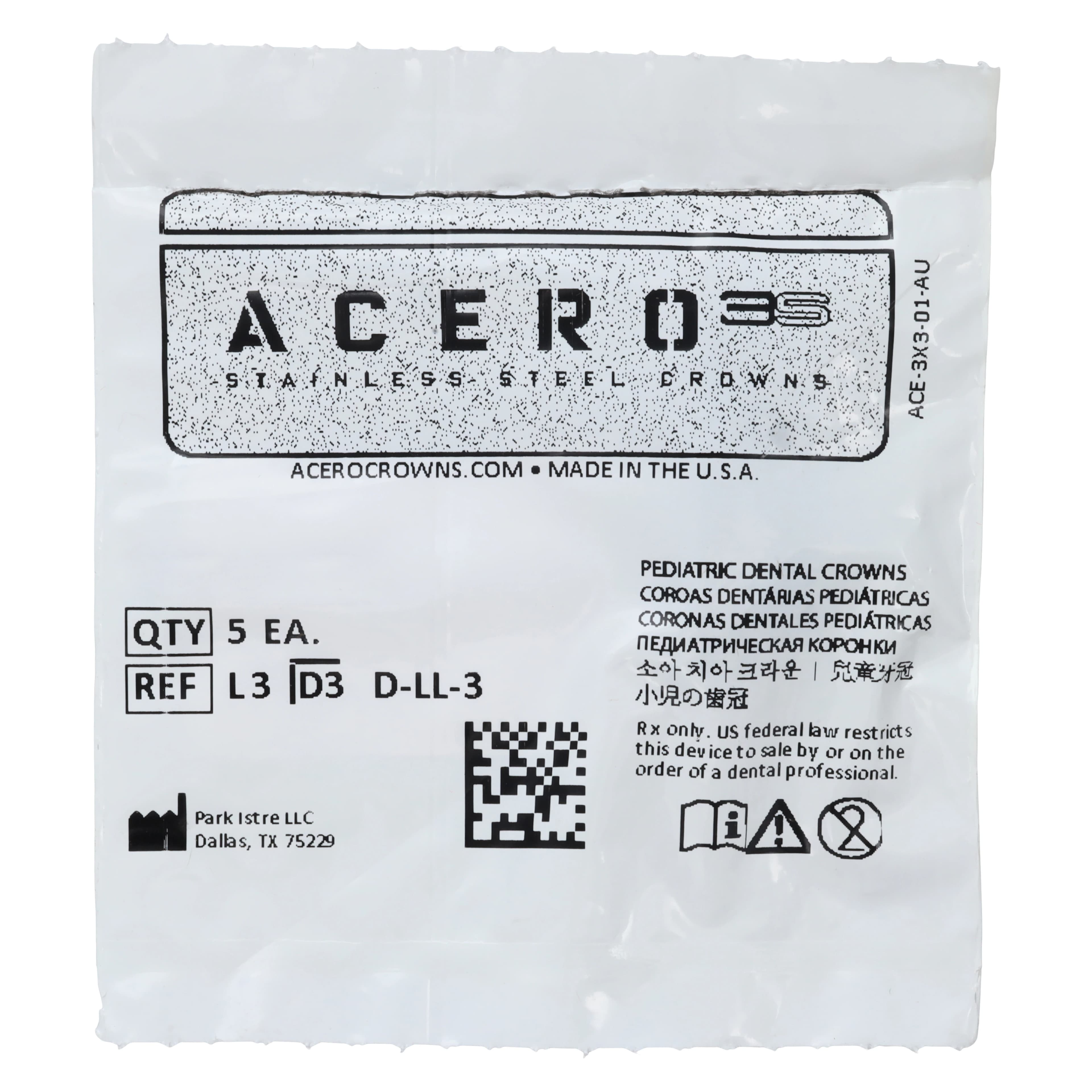 Acero 3S Stainless Steel Primary First Molar Crown, Lower Left, Size 3, 5/Pack (3S L3) - Acero 3S Lower Left First Molar "L" Refill 5/Pack - Image 1