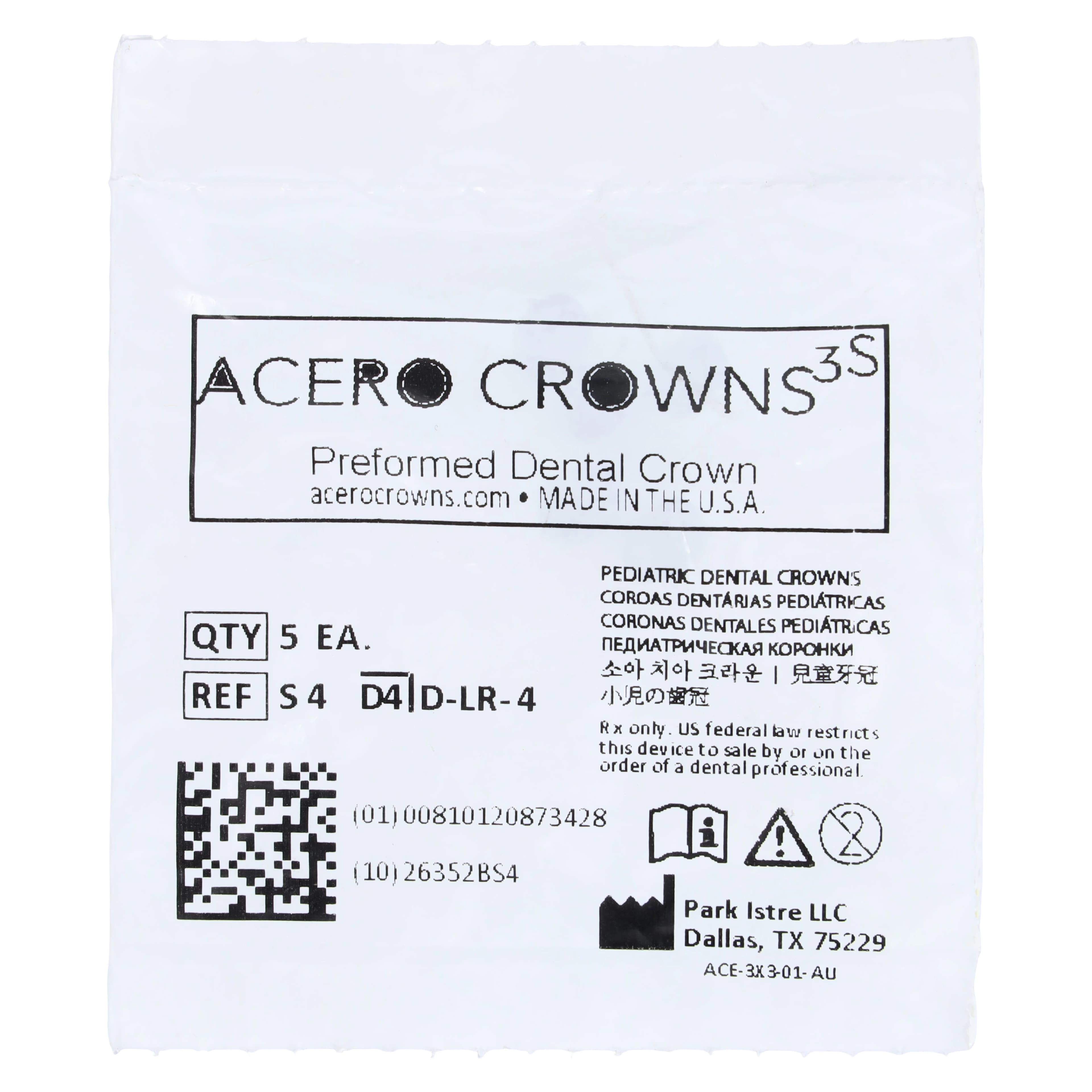 Acero 3S Stainless Steel Primary Molar Crown, Lower Right First Molar, Size 4, 5/Pack - Acero 3S Lower Right First Molar "S" Refill 5/Pack - Image 1