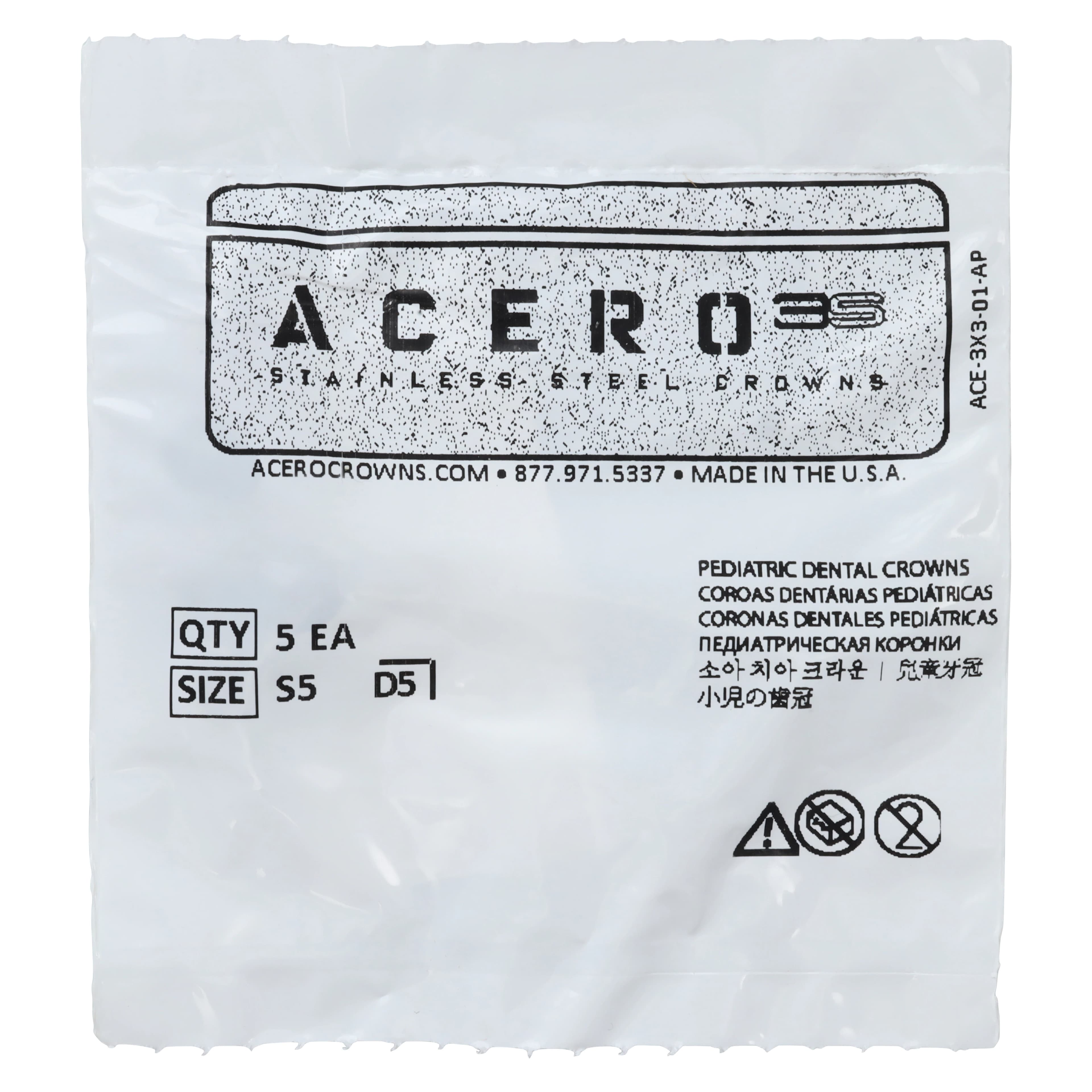 Acero 3S Stainless Steel Primary Molar Crown, Lower Right First Molar, Size 5, 5/Pack - Acero 3S Lower Right First Molar "S" Refill 5/Pack - Image 1