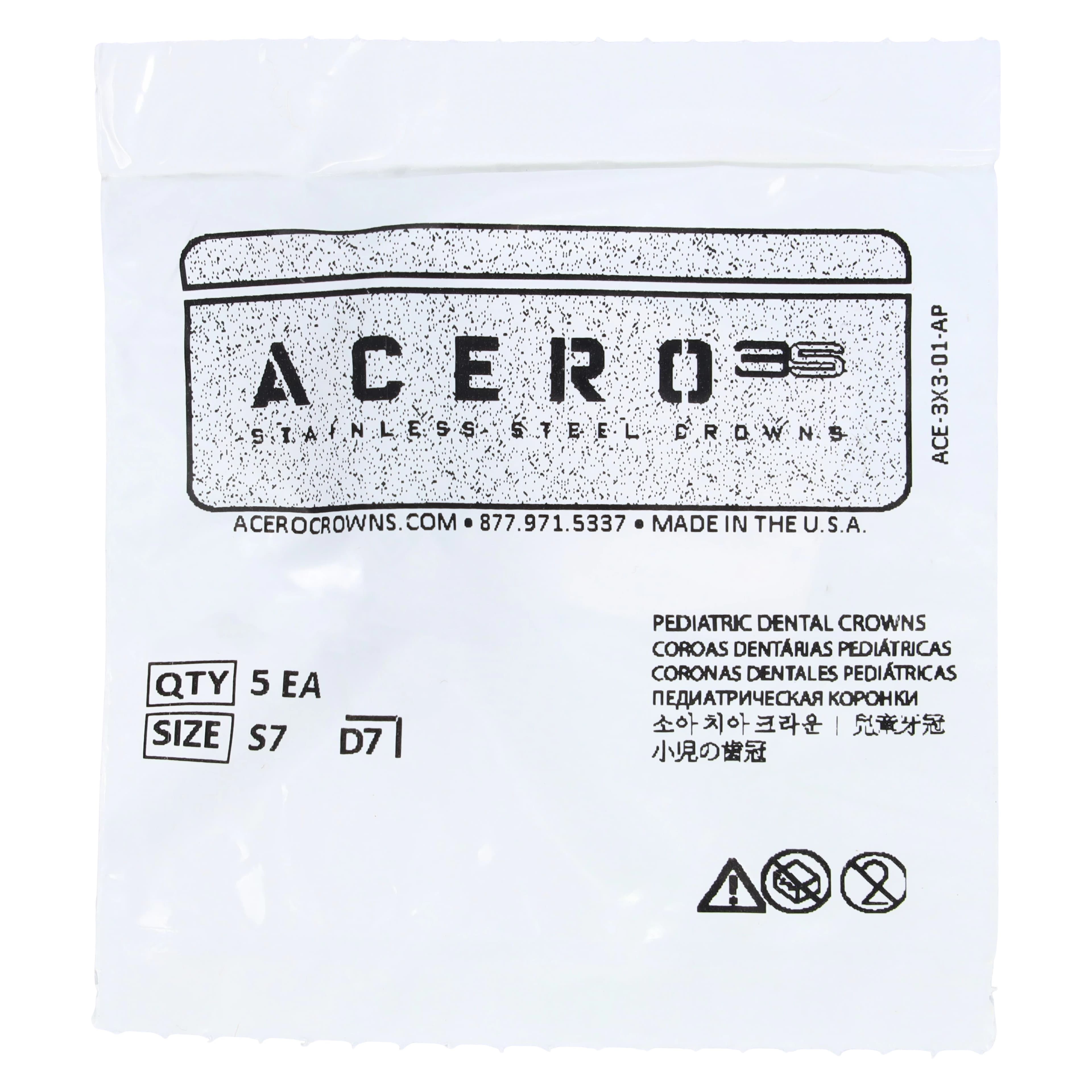 Acero 3S Stainless Steel Primary Molar Crown, Lower Right First Molar, Size 7, 5/Pack - Acero 3S Lower Right First Molar "S" Refill 5/Pack - Image 1