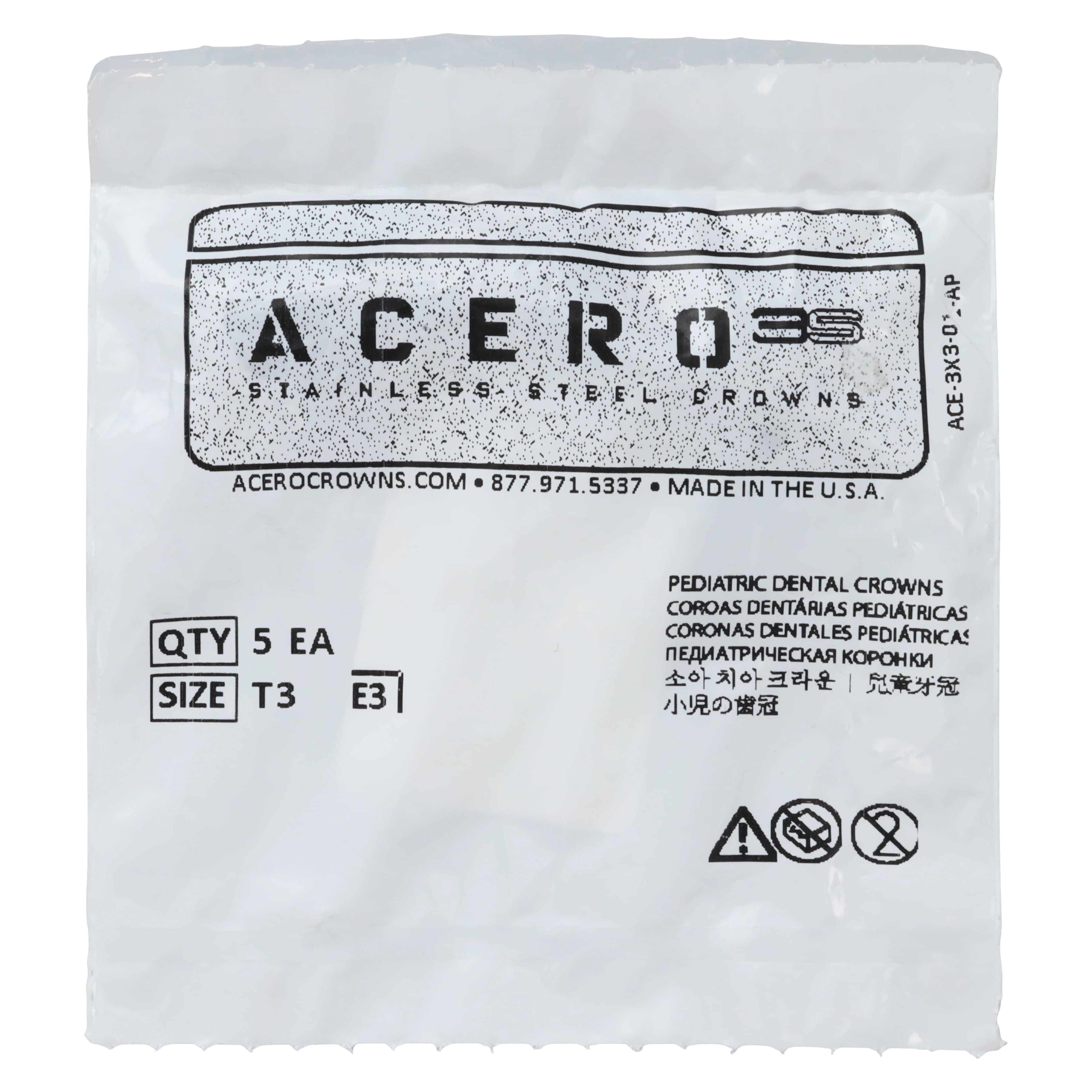 Acero 3S Stainless Steel Primary Molar Crown, Lower Right Second Molar (T), Size 3, 5/Pack - Acero 3S Lower Right Second Molar "T" Refill 5/Pack - Image 1