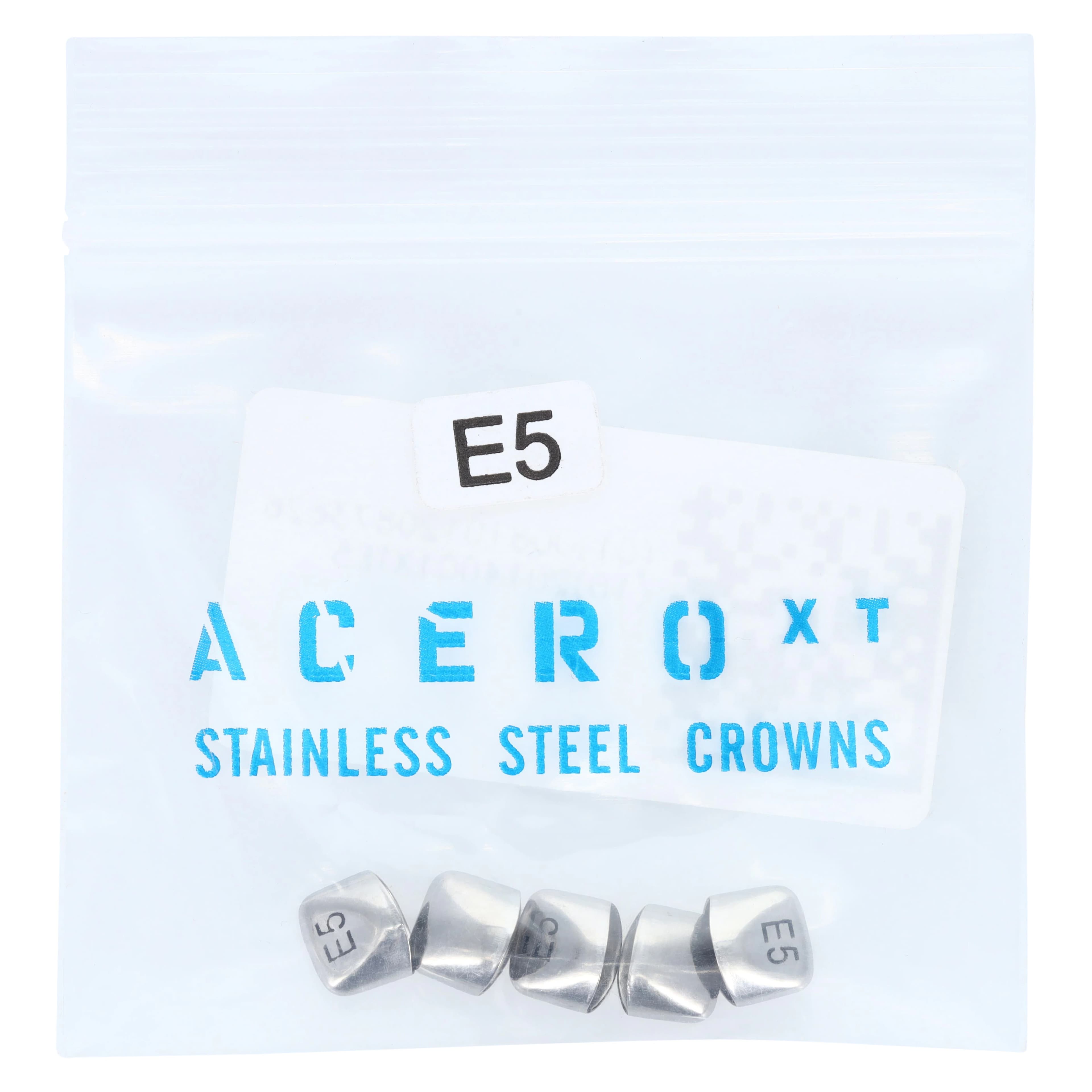 Acero XT Stainless Steel Primary Anterior Crown, Upper Right Central, Size 5, 5/Pack, XT E5 - Acero Crowns XT Anterior Upper Right Central Size 5 Pack of 5 - Image 1