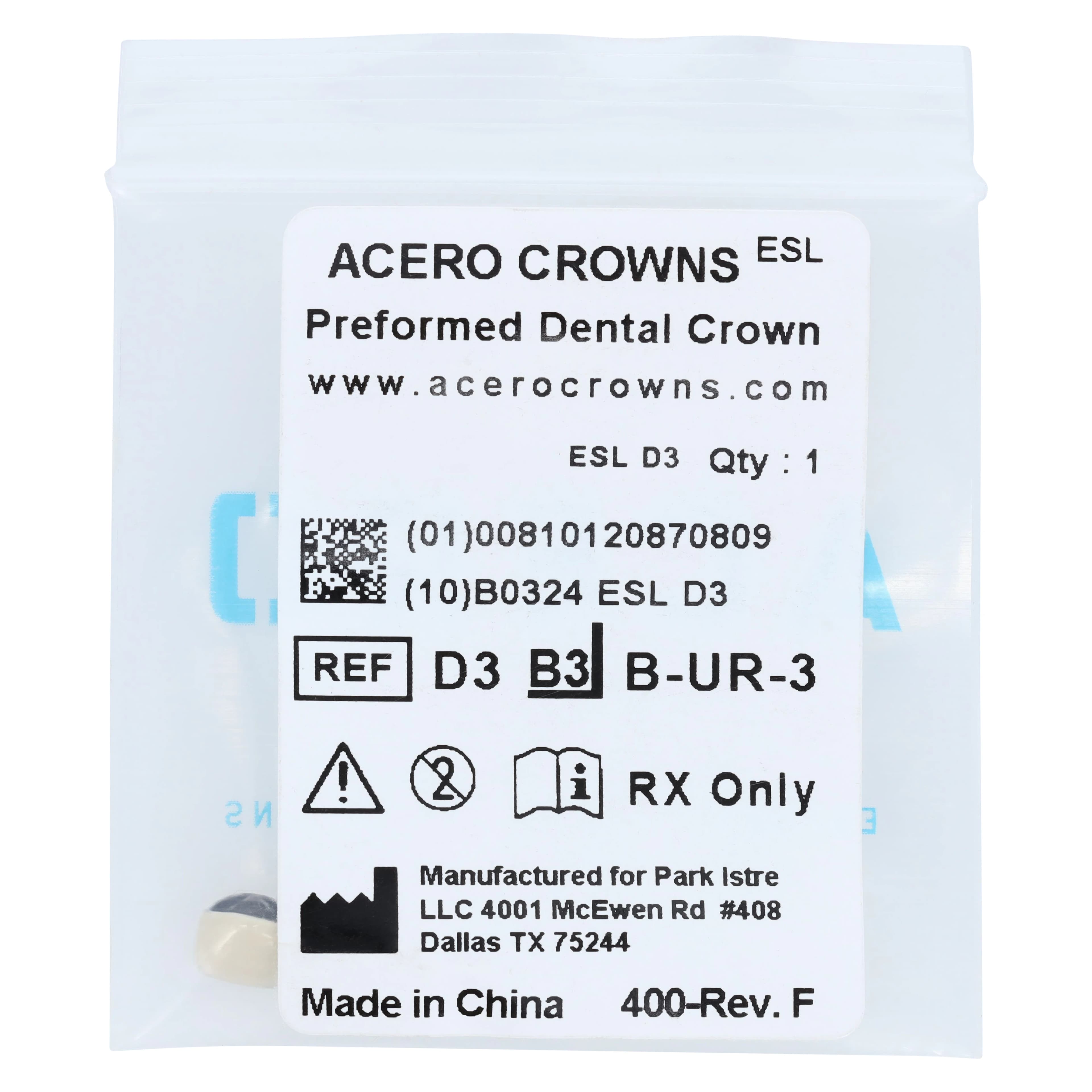 Acero Crowns ES Light White Anterior Crown, Upper Right Lateral, Size 3, UR3, 1/Bag - ES Light White Anterior Crown UR3 Lateral - Image 1