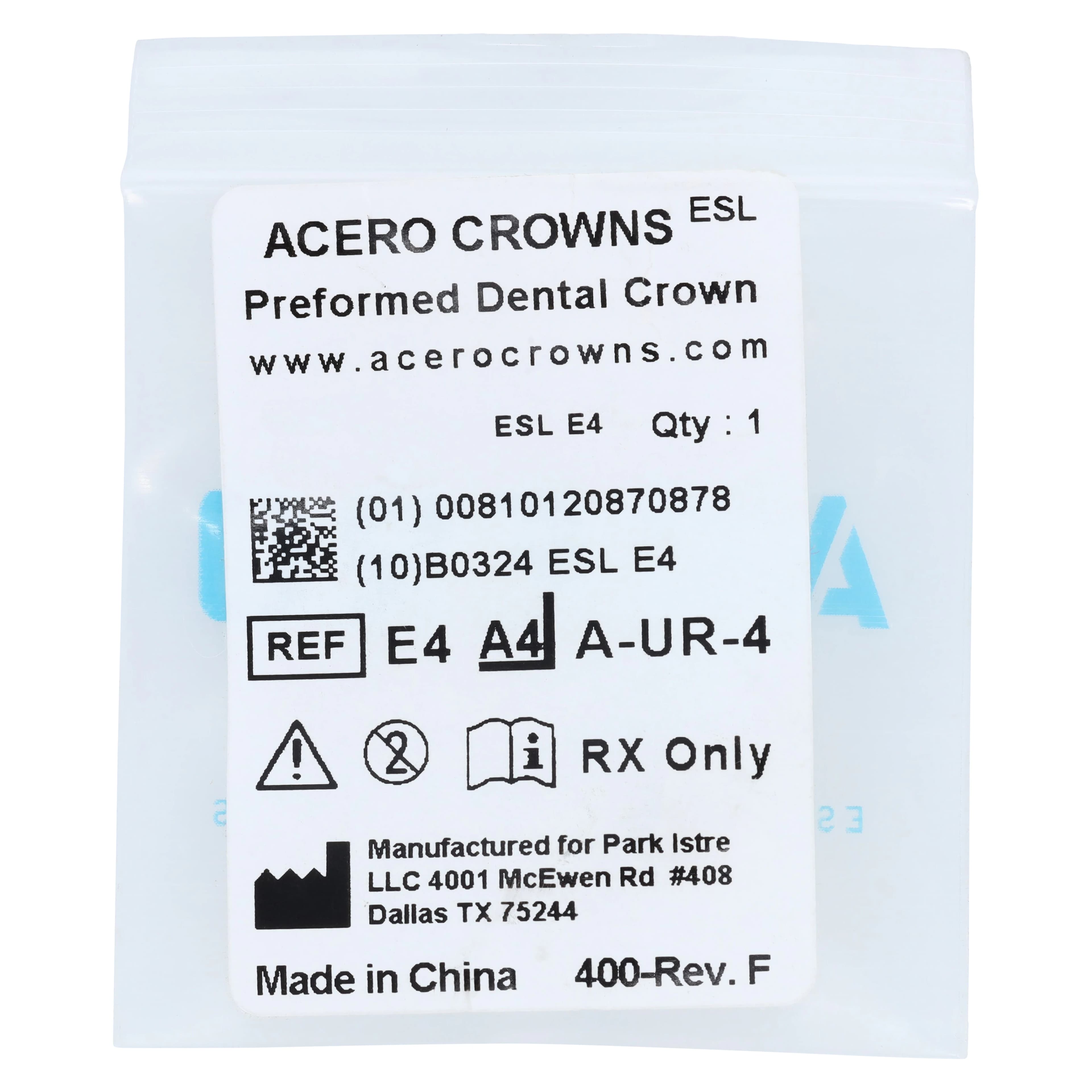 Acero Crowns ES Light White Anterior Crown, Upper Right Central, Size 4, 1/Bag - ES Light White Anterior Crown UR4 Central - Image 1