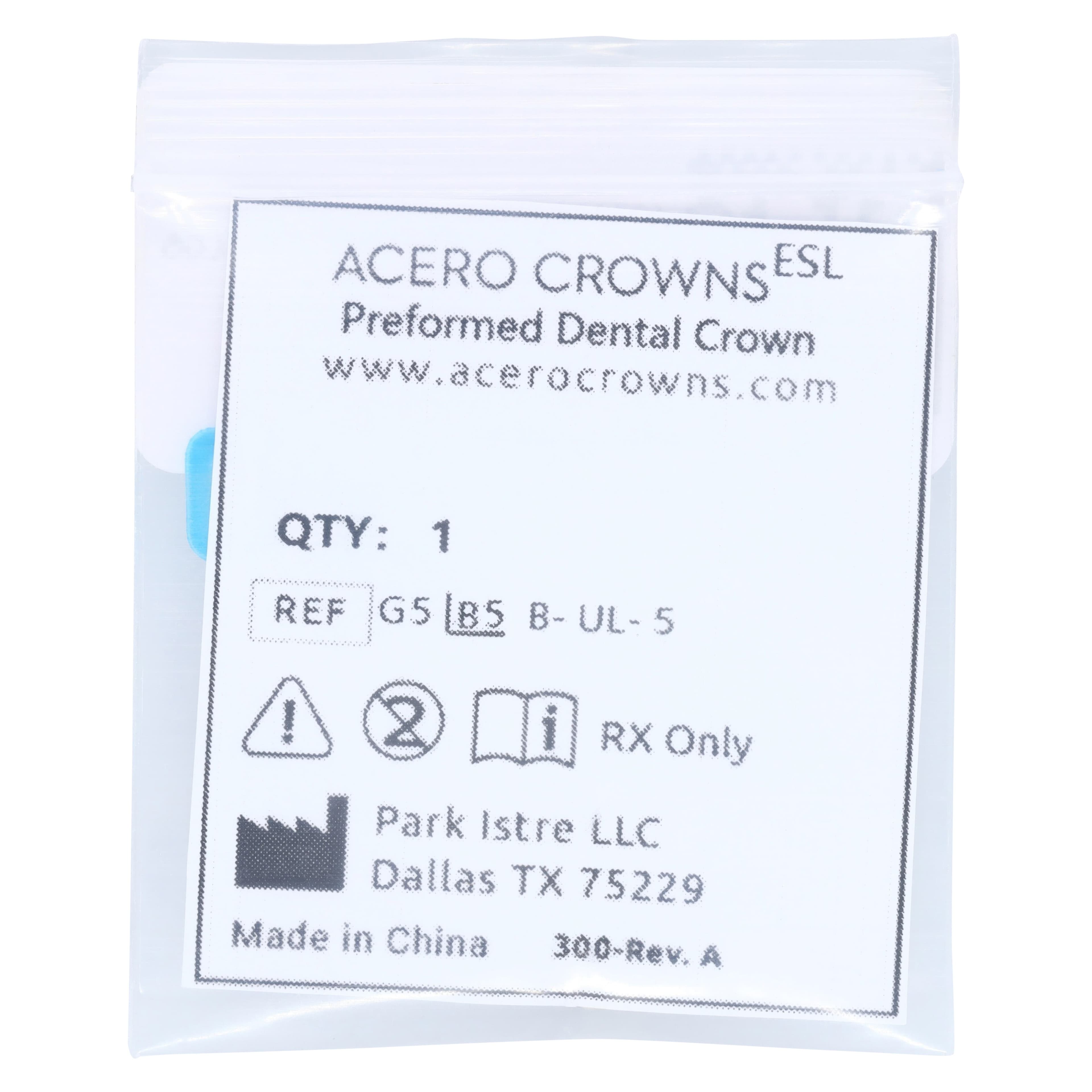 Acero Crowns ES Light White Anterior Crown, Upper Left Lateral, Size 5, 316L Stainless Steel, 1/Bag thumbnail 3
