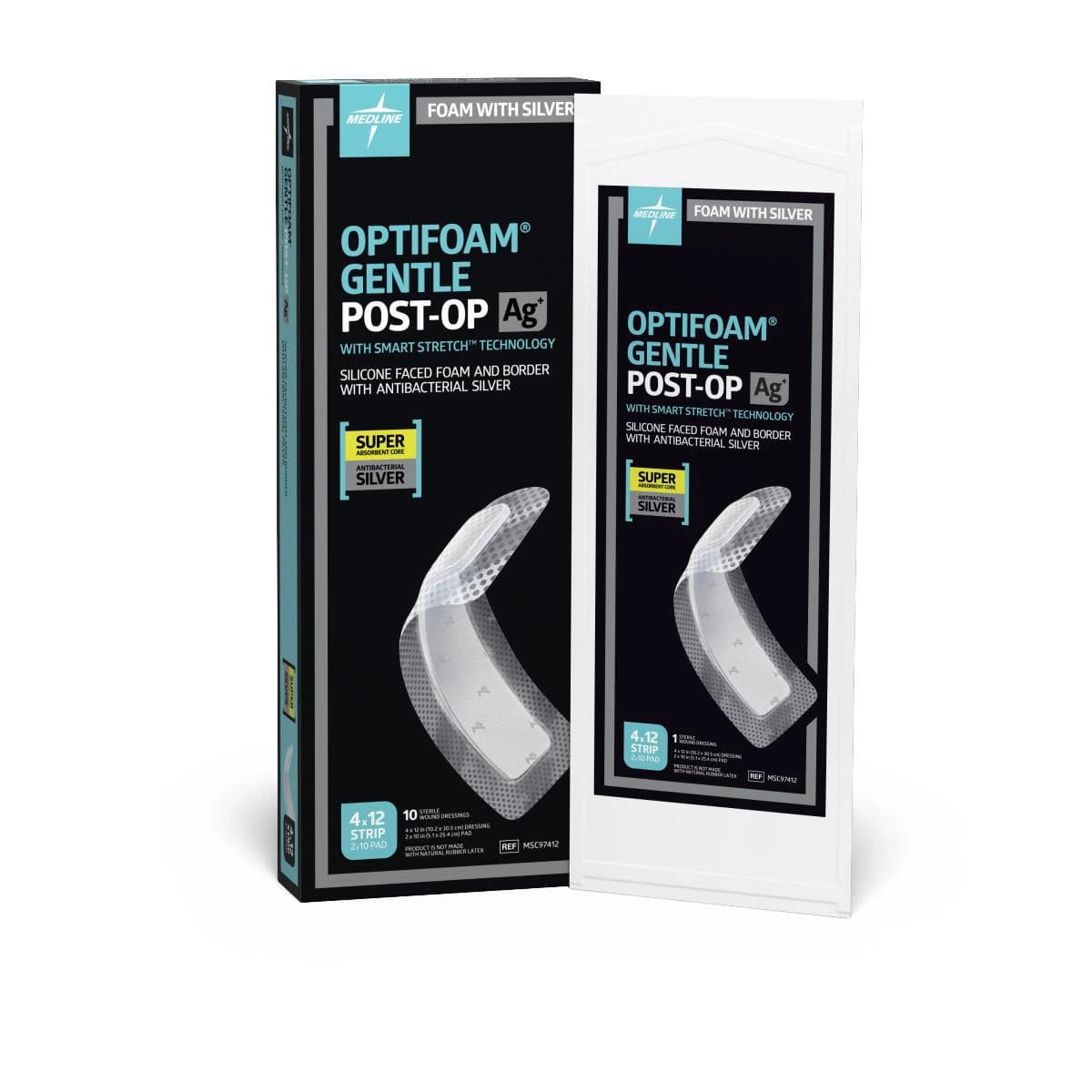 Medline Optifoam Gentle AG+ Silver/Foam Post-Op Dressing, 4" x 12", Sterile, Adhesive, Super Absorbent, Latex-Free - Dressing Post-Op Optifoam Gent - Image 1