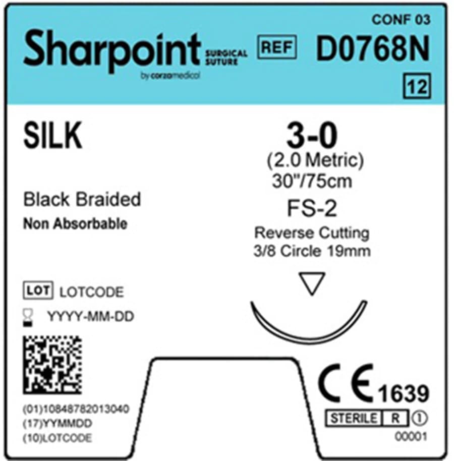 Sharpoint Silk Suture, Braided, 3-0, 30" (75cm), Non-Absorbable, FS-2 Reverse Cutting 3/8 Circle Needle 19mm, Black, 12/Box - Suture Silk Black FS-2 - Image 1