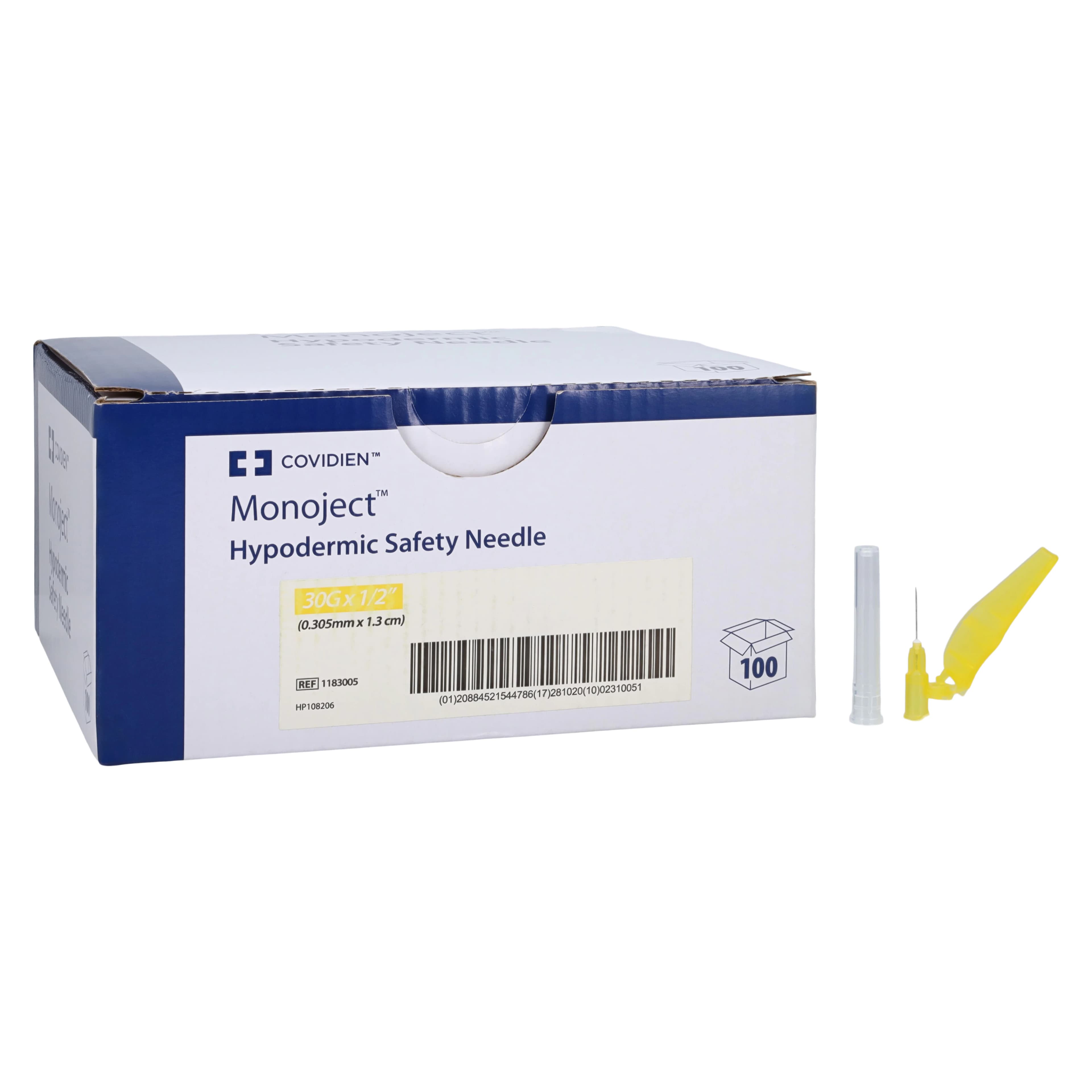 Monoject Safety Needle, 30G x 1/2", Safety Shield, 100/Box - MONOJECT SAFETY NEEDLE - Image 1