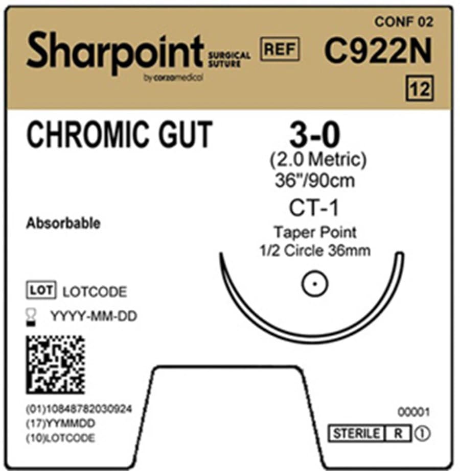 Surgical Specialties Chromic Gut Suture, 3-0, 36 in, CT-1 Taper Point Needle, 1/2 Circle, 36mm, 12/Box - Suture Chromic Gut 3-0 CT-1 - Image 1