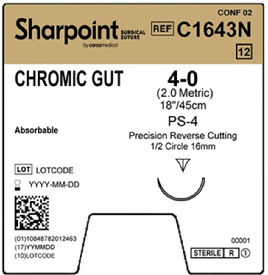 Sharpoint Plus Chromic Gut Suture, 4-0, 18" (45cm), PS-4 Precision Reverse Cutting Needle, 1/2 Circle, 16mm, Natural, 12/Box - Sharpoint Plus Chromic Gut 4-0 18" PS-4 1/2 Circle Precision Reverse Cutting Needle Box of 12 - Image 1