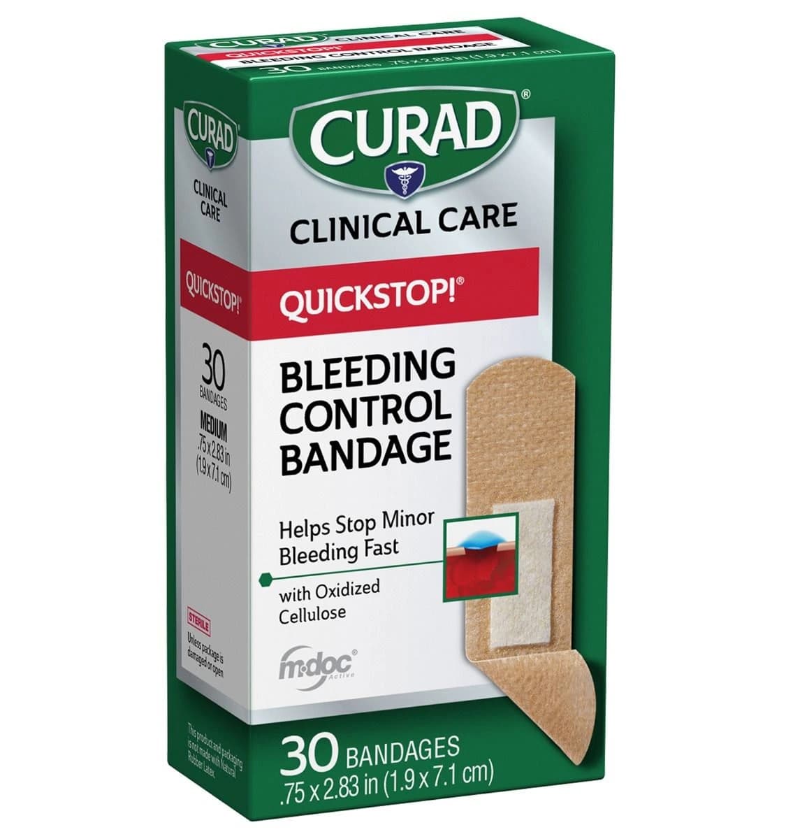 Curad QuickStop Adhesive Bandage, Fabric, 0.75" x 2.83", Natural, Sterile, 24/Case - Bandage QuickStop Bleed Ctrl - Image 1