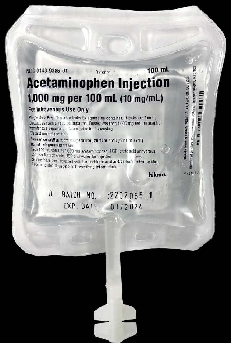 Acetaminophen Injection 10 mg/mL, 100 mL IV Bag, 10/Package, Hikma Pharmaceuticals thumbnail 3
