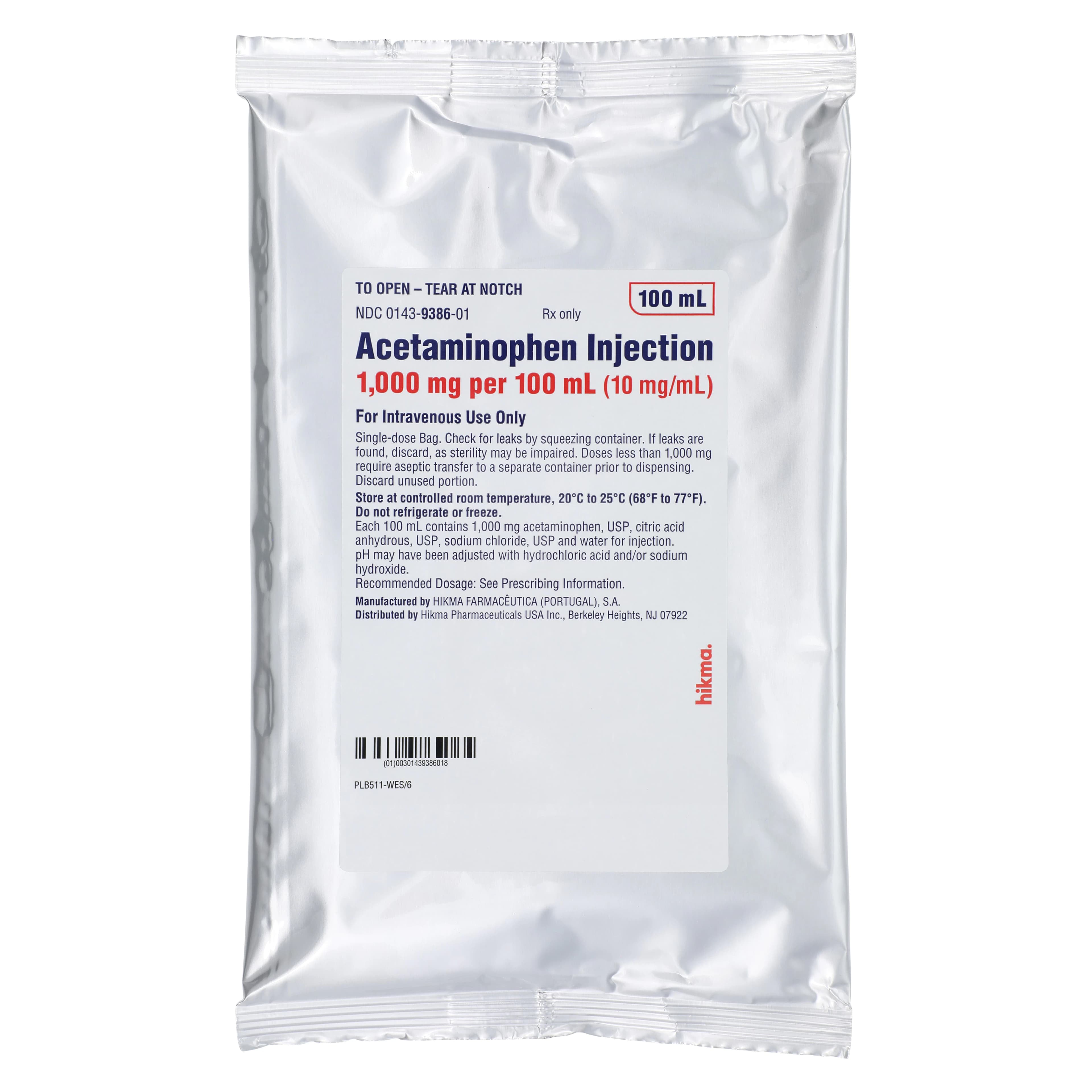 Acetaminophen Injection 10 mg/mL, 100 mL IV Bag, 10/Package, Hikma Pharmaceuticals - Acetaminophen Inj Bag 100mL - Image 1