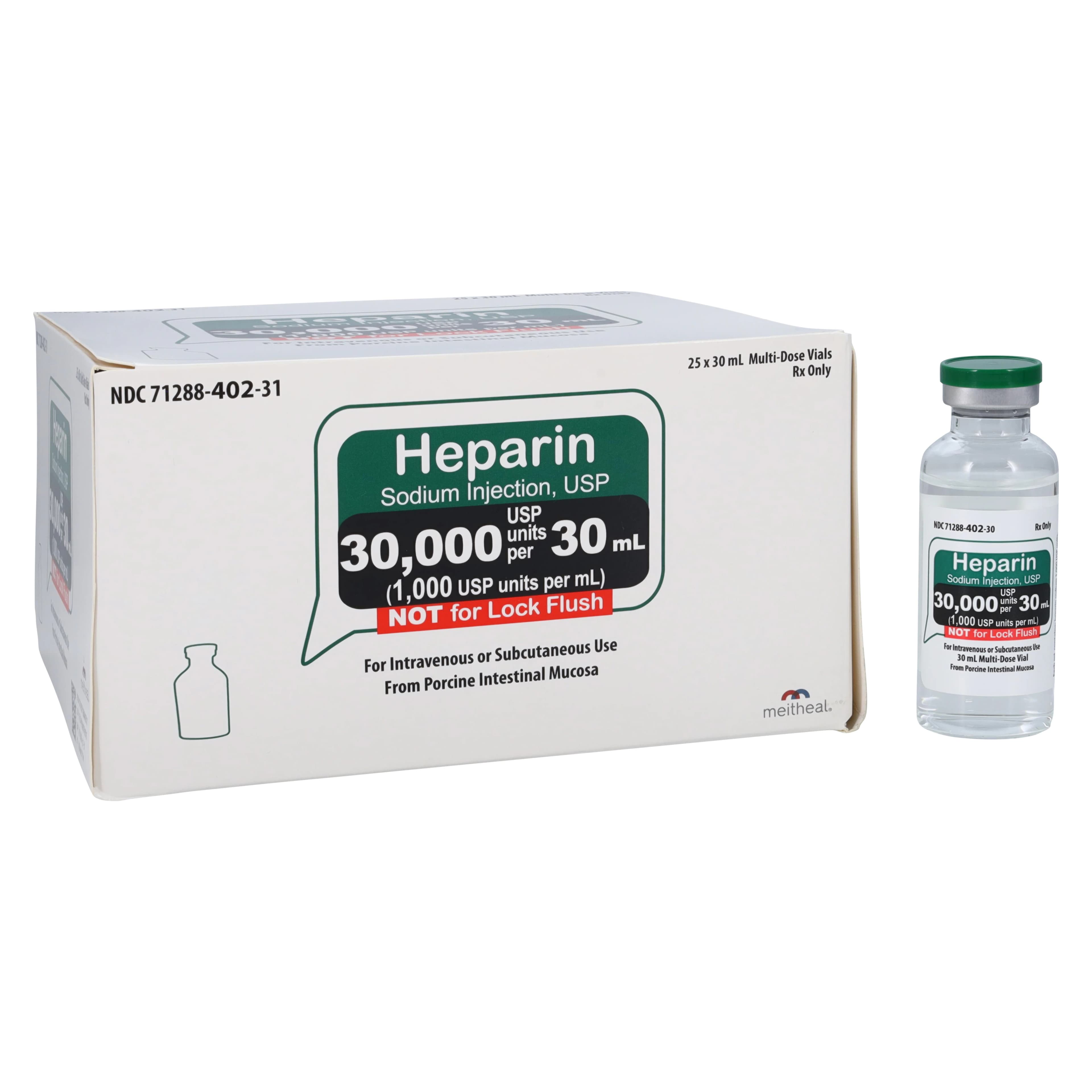 Heparin Sodium (Pork) Injection, 1,000 USP Units/mL, 30 mL Multiple-Dose Vial, 25/Package, Meitheal Pharmaceuticals - Heparin Sod Pork Inj MDV 30mL - Image 1