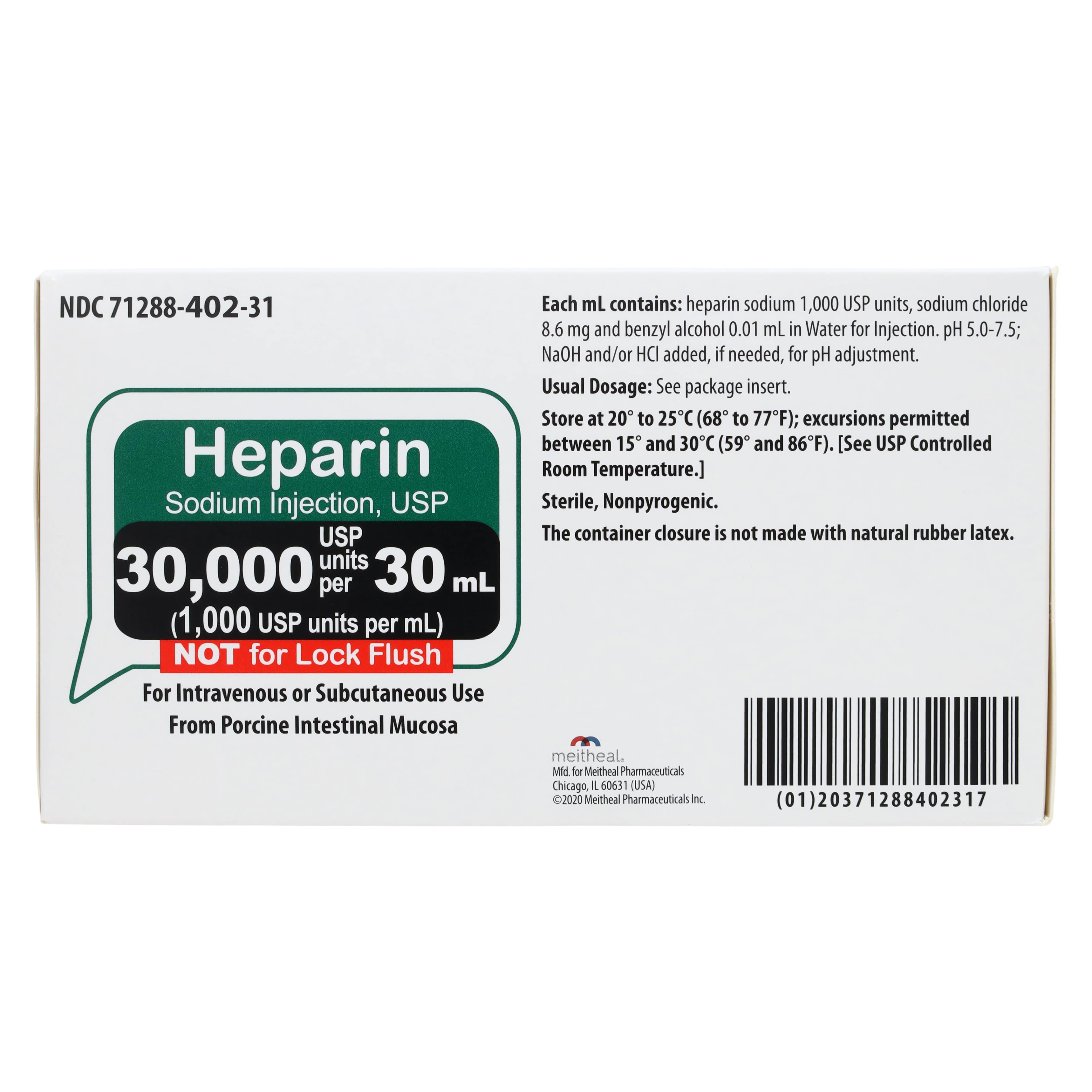 Heparin Sodium (Pork) Injection, 1,000 USP Units/mL, 30 mL Multiple-Dose Vial, 25/Package, Meitheal Pharmaceuticals thumbnail 4