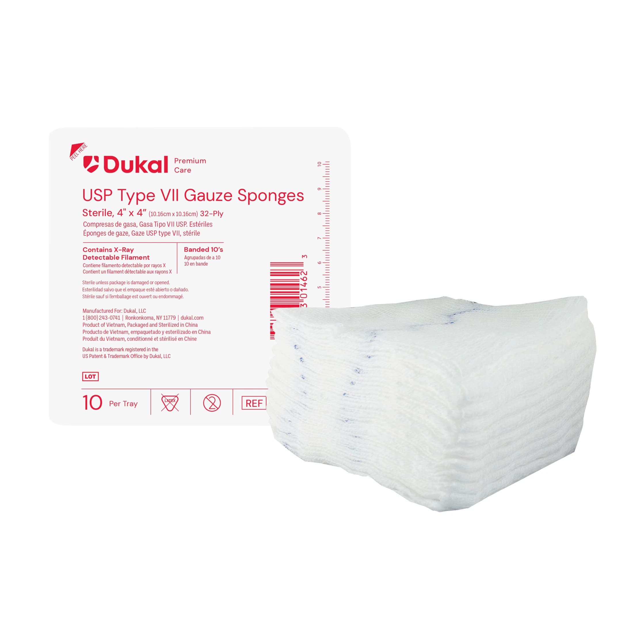 Dukal 100% Woven Cotton Gauze Sponge, 4x4", 32 Ply, Sterile, Square, X-Ray Detectable, USP Type VII, Latex-Free - Gauze Sponge Xray Det 32Ply ST - Image 1