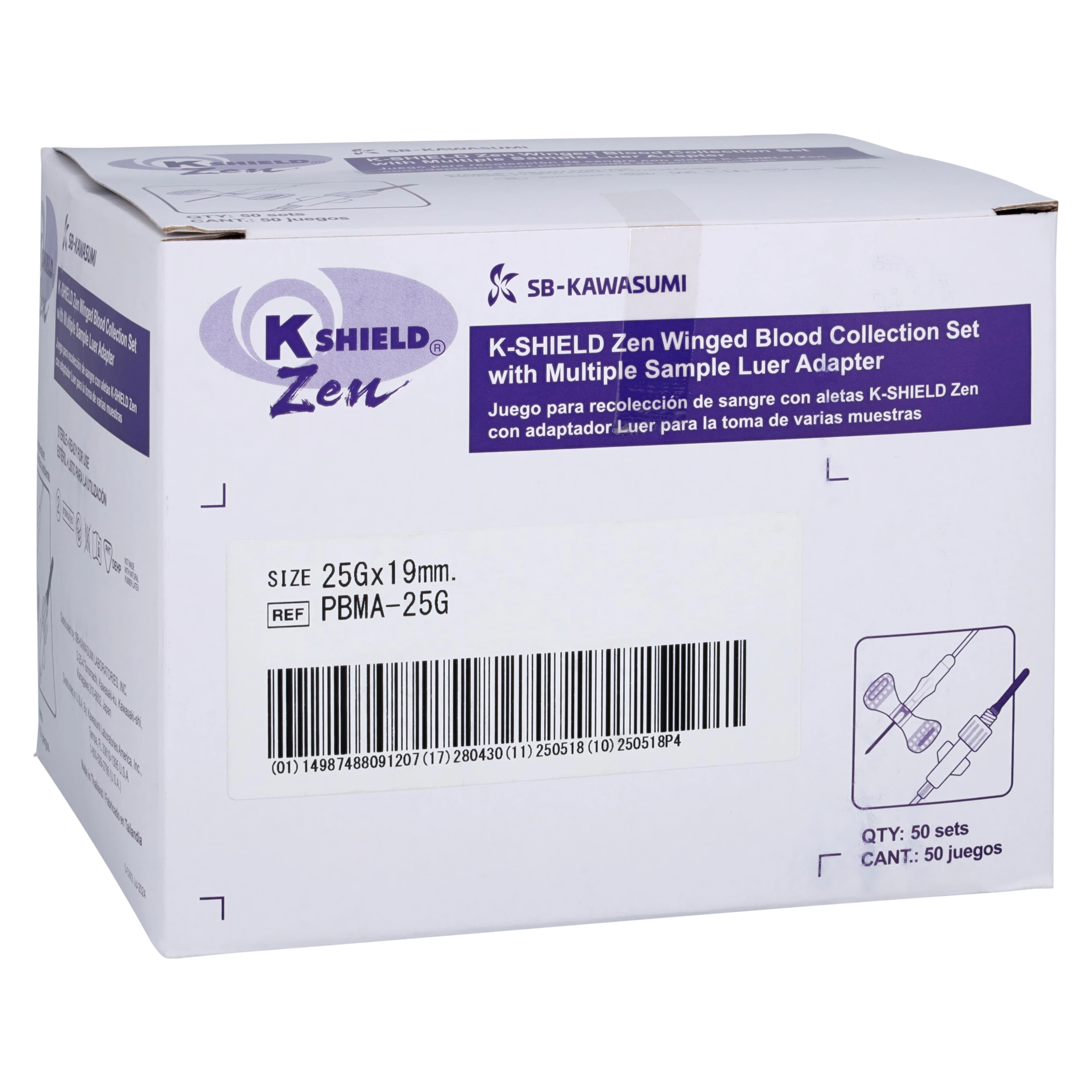 K-Shield Zen Blood Collection Set, 25G x 3/4" Winged, 12" Tubing, Safety Multi-Sample, Latex-Free, Disposable, 200/Case - K-Shield Zen Bld Cllctn Set - Image 1