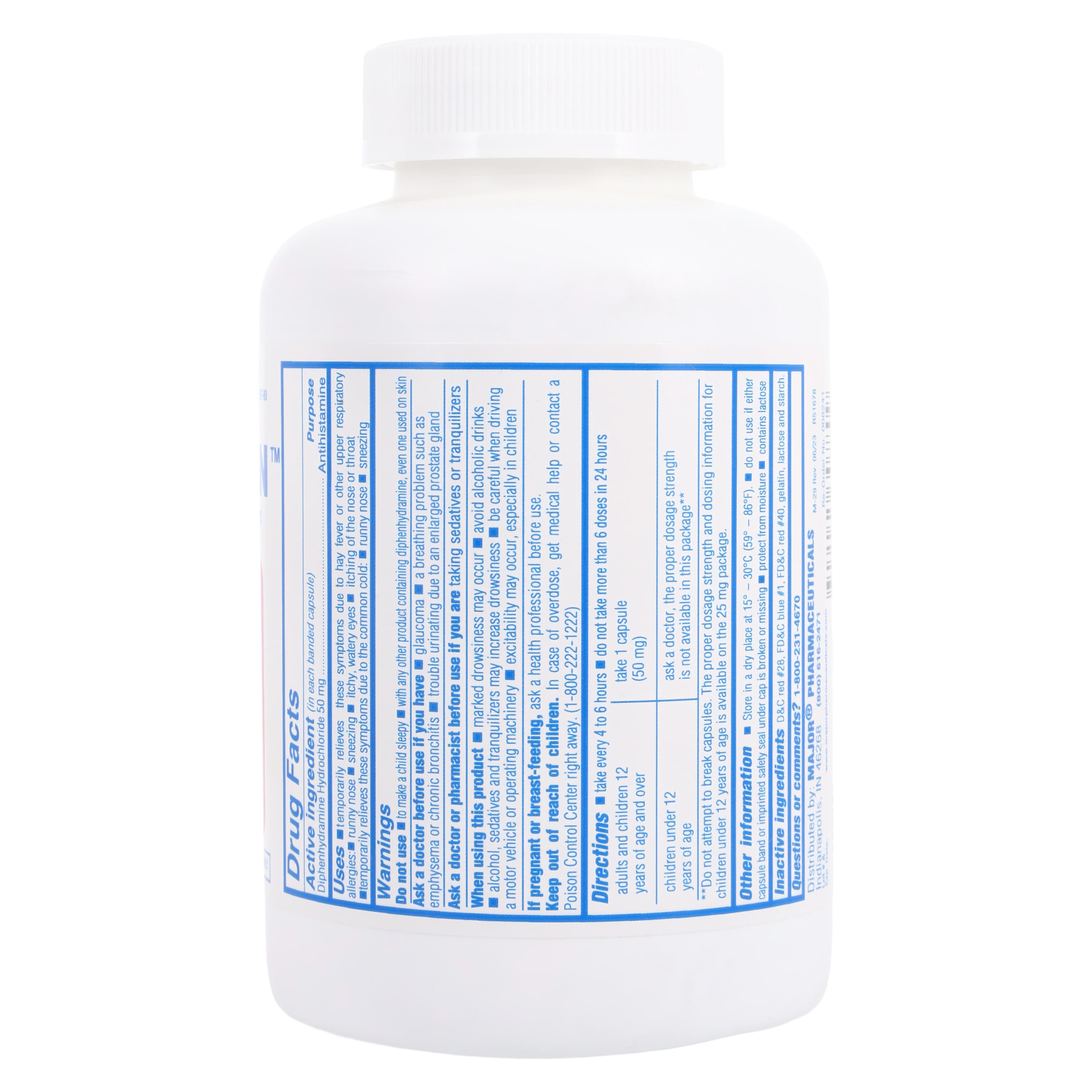 Diphenhydramine HCL Capsules, 50mg, 1000/Bottle, Major Pharmaceuticals thumbnail 2