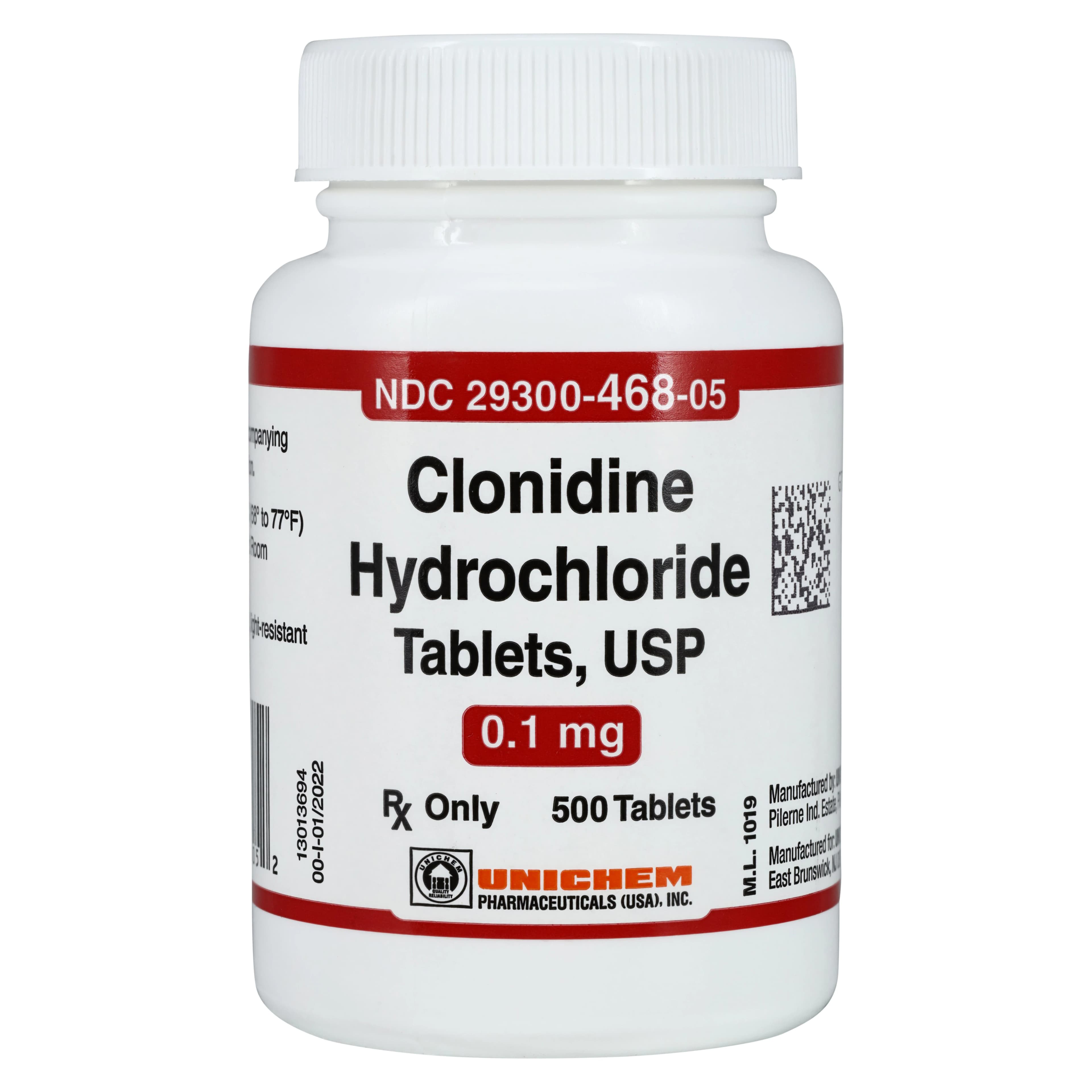 Clonidine HCl Tablets 0.1mg, 500/Bottle, Unichem Pharmaceuticals - Clonidine HCl Tablets - Image 1