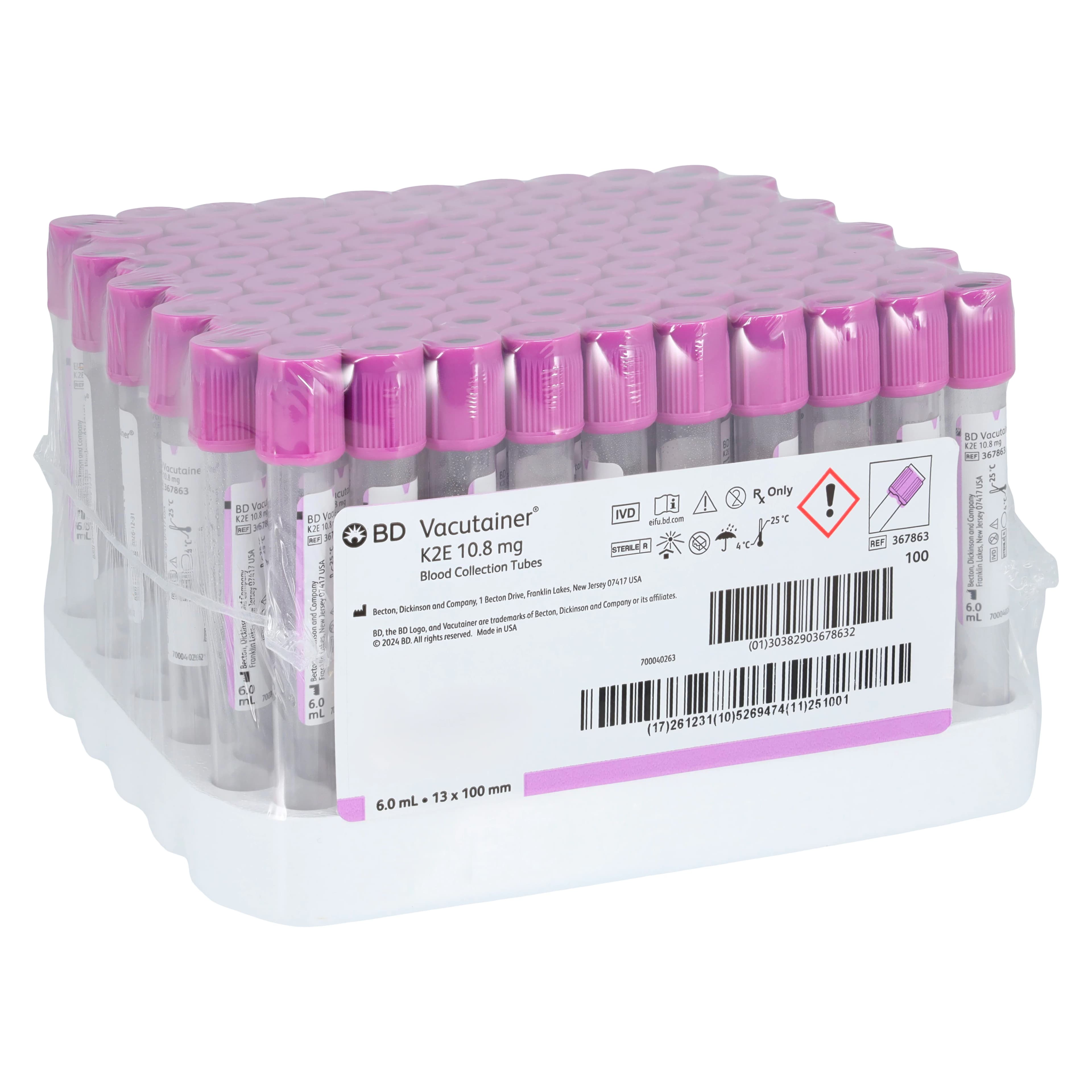 BD Vacutainer Plus Venous Blood Collection Tube, K2EDTA, Lavender Hemogard Closure, 6 mL, Plastic, Sterile, 1000/Case - VIT VACUTAINER K2EDTA SPR - Image 1