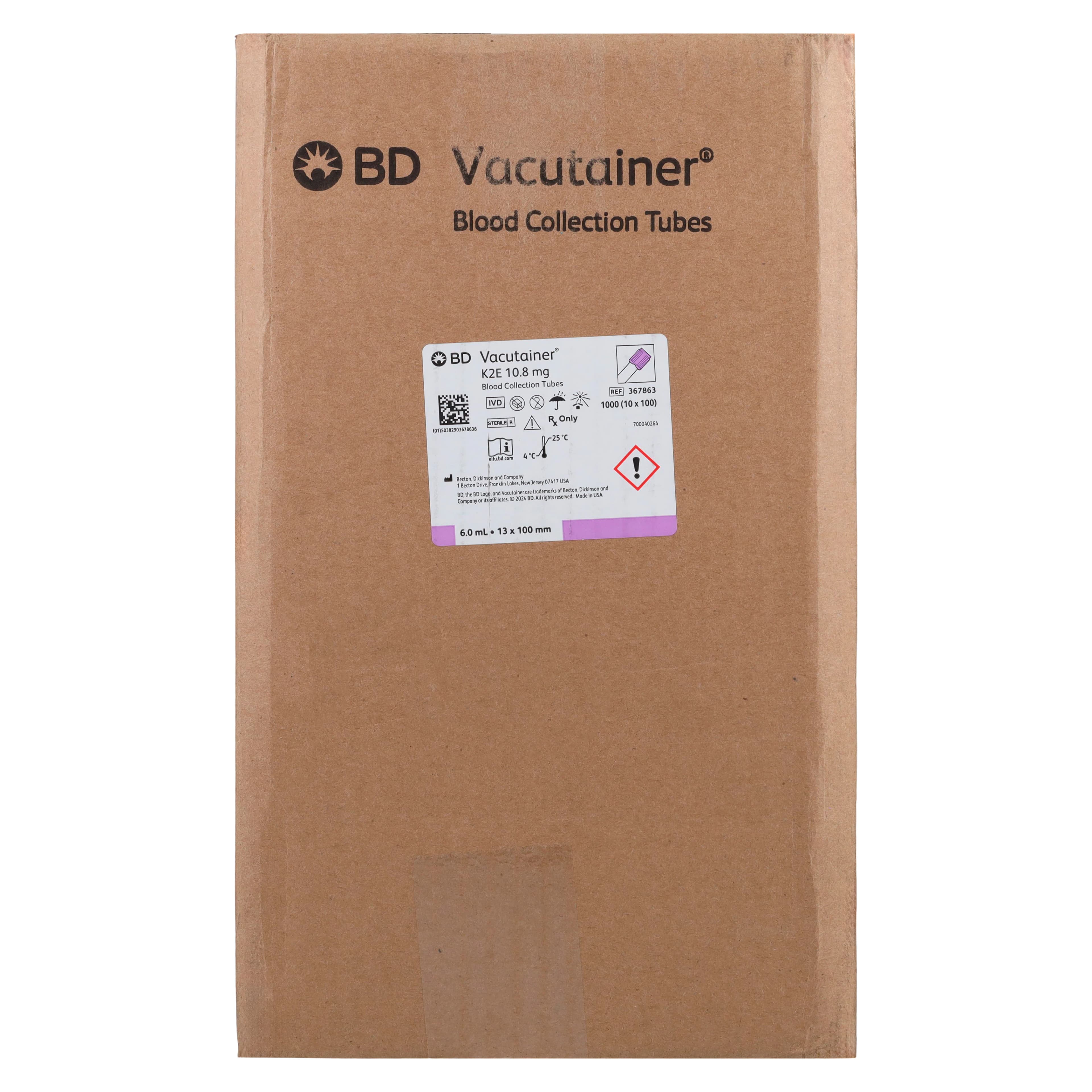 BD Vacutainer Plus Venous Blood Collection Tube, K2EDTA, Lavender Hemogard Closure, 6 mL, Plastic, Sterile, 1000/Case thumbnail 2