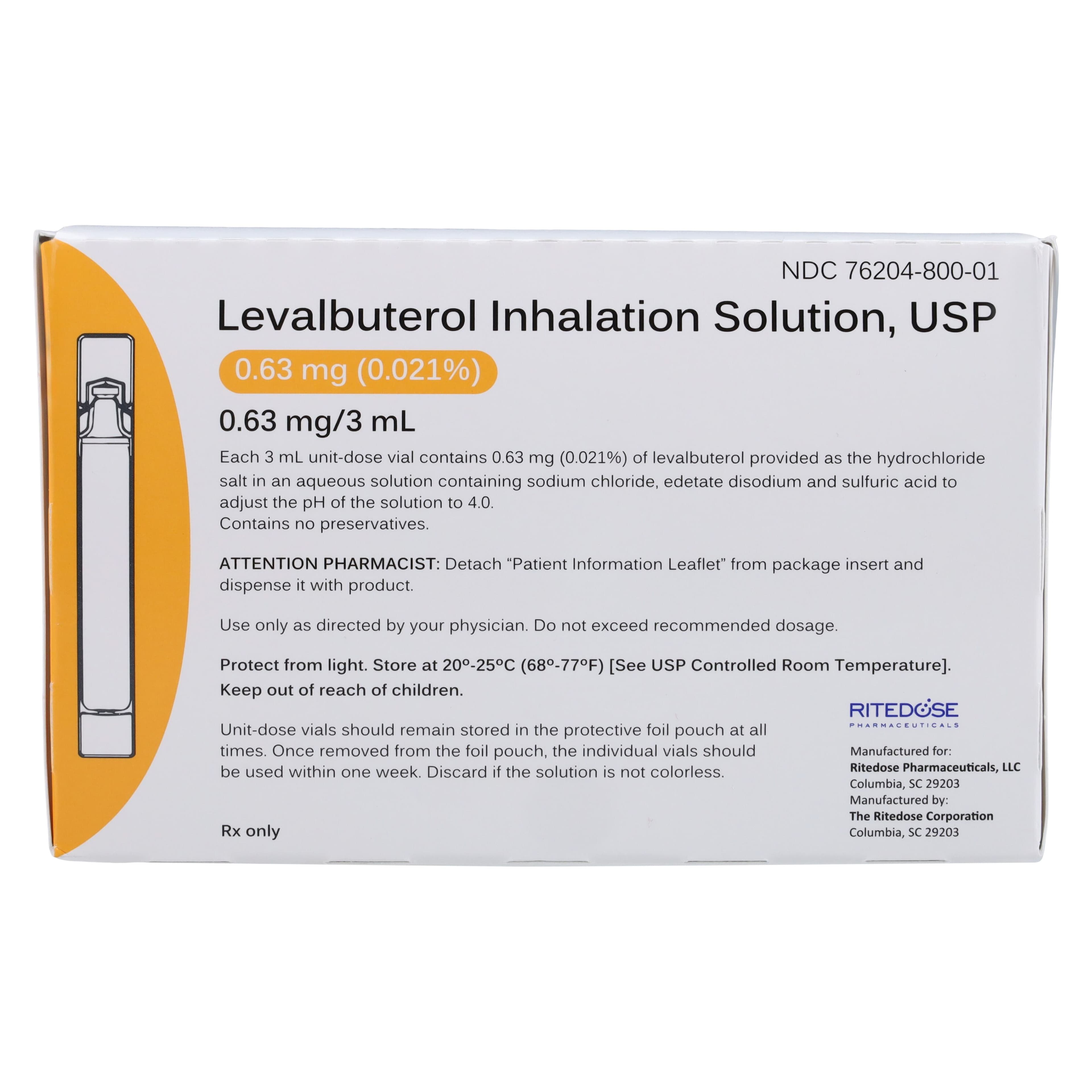 Levalbuterol Inhalation Solution 0.63 mg/3 mL, 30 Unit-Dose Vials (Ritedose Pharmaceuticals) thumbnail 4