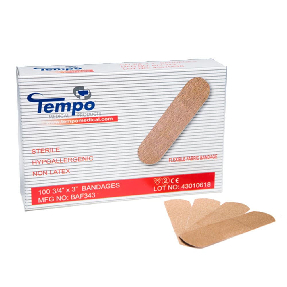 Tempo Medical Products Adhesive Fabric Bandage Strip, 3/4" x 3", Tan, Sterile, 100/Box - Bandage Adhsv Fabric Strip - Image 1