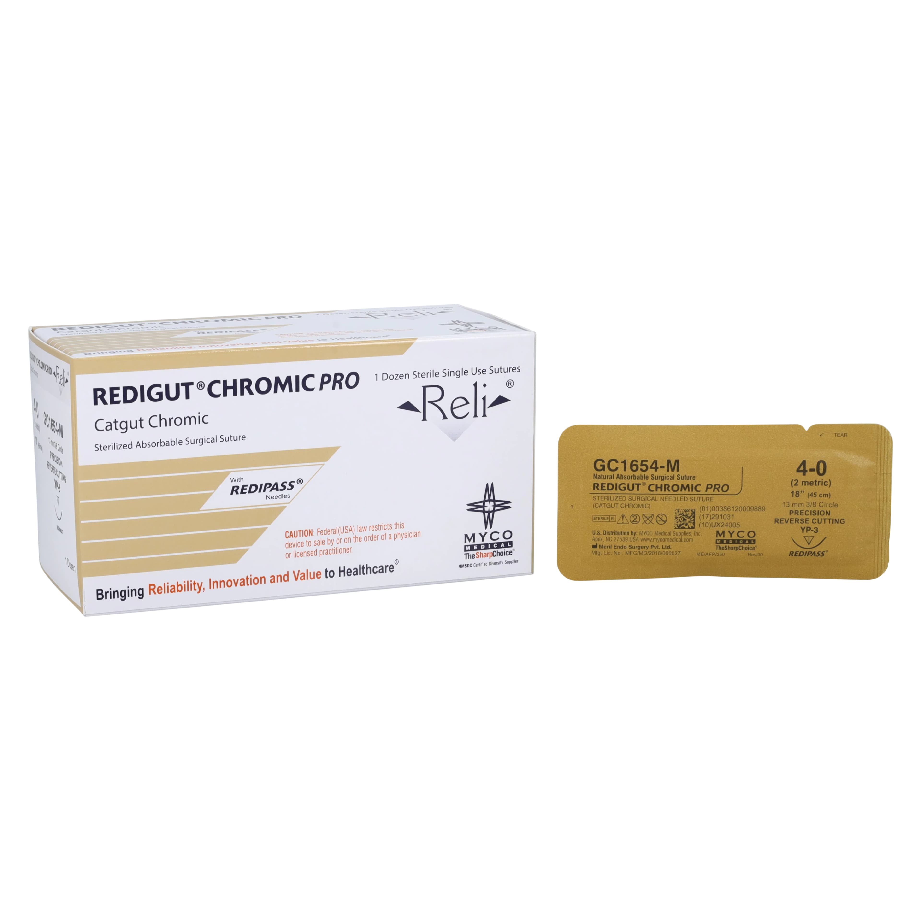 Reli Redigut Chromic Gut Suture 4-0, 18", YP-3 Precision Reverse Cutting 3/8 Circle Needle 24mm, Natural, 12/Box - Redigut Chromic Pro Suture 4-0 - Image 1