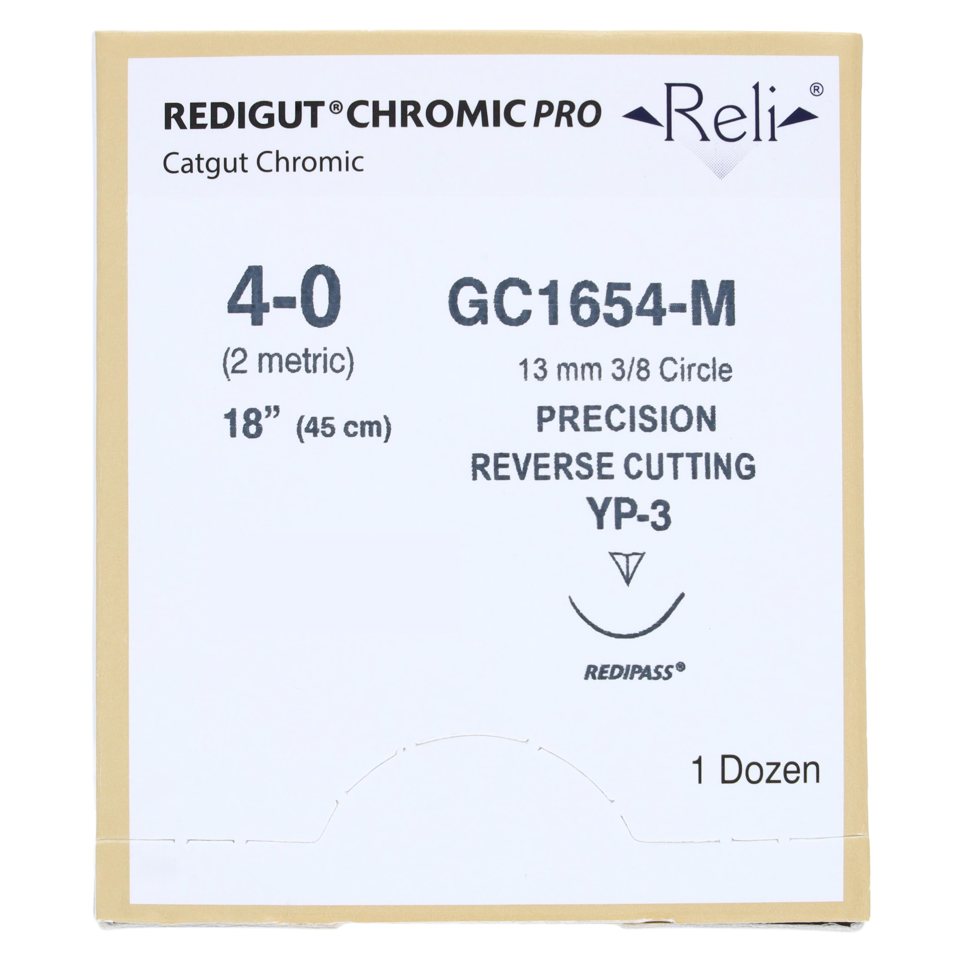 Reli Redigut Chromic Gut Suture 4-0, 18", YP-3 Precision Reverse Cutting 3/8 Circle Needle 24mm, Natural, 12/Box thumbnail 3