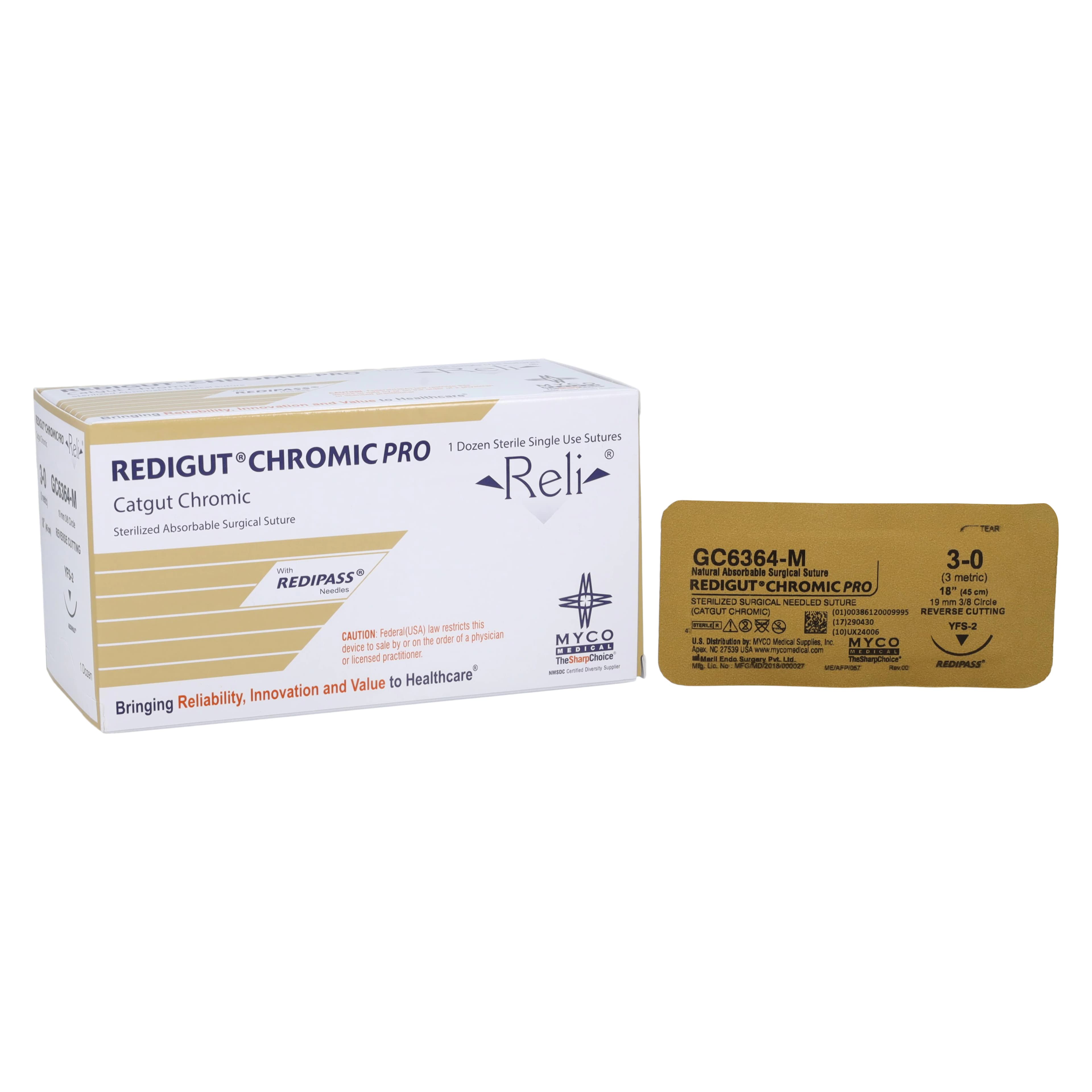 Reli Redigut Chromic Gut Suture 3-0, 18", YFS-2 Reverse Cutting 3/8 Circle Needle 24mm, Natural, 12/Box - Redigut Chromic Pro Suture 3-0 - Image 1