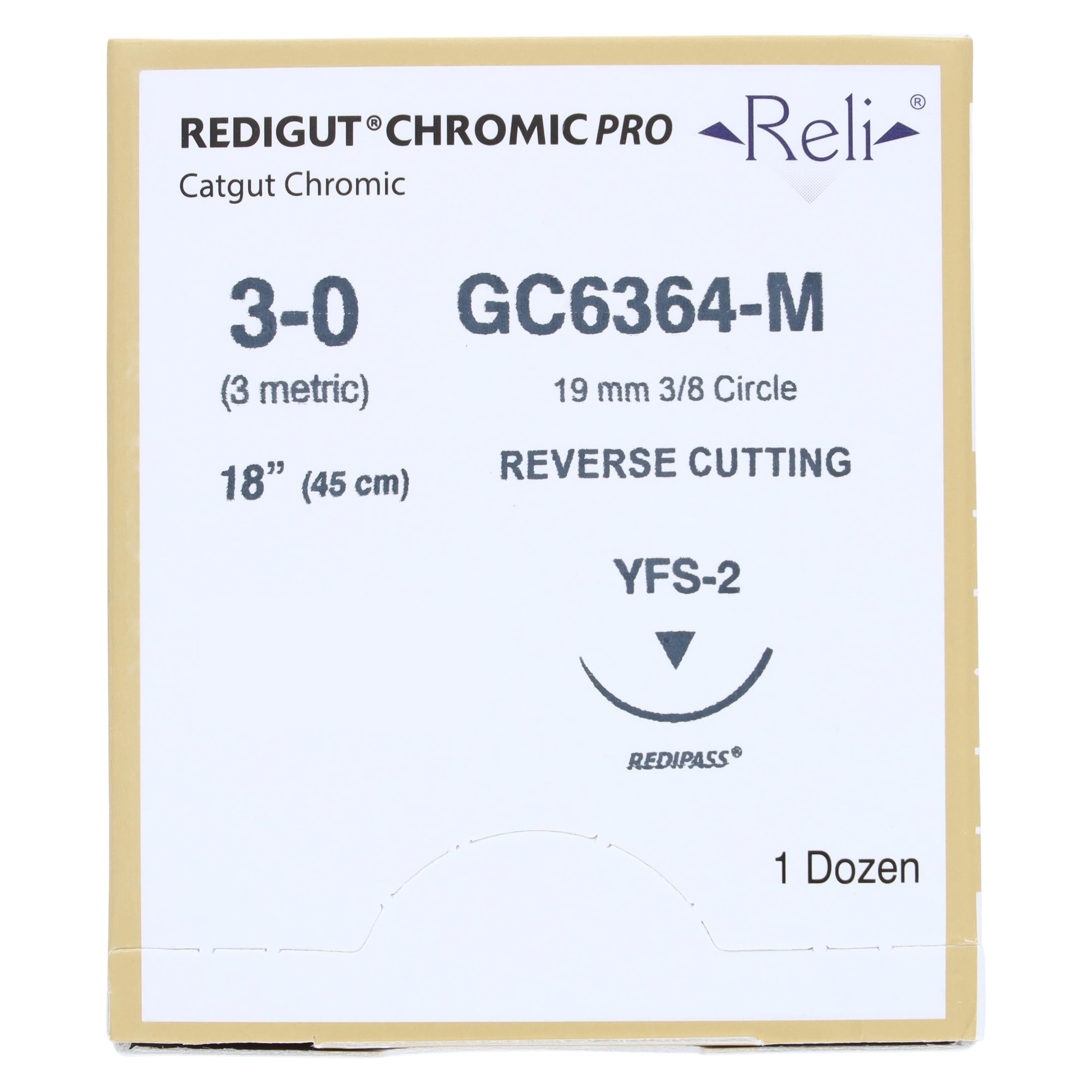 Reli Redigut Chromic Gut Suture 3-0, 18", YFS-2 Reverse Cutting 3/8 Circle Needle 24mm, Natural, 12/Box thumbnail 3