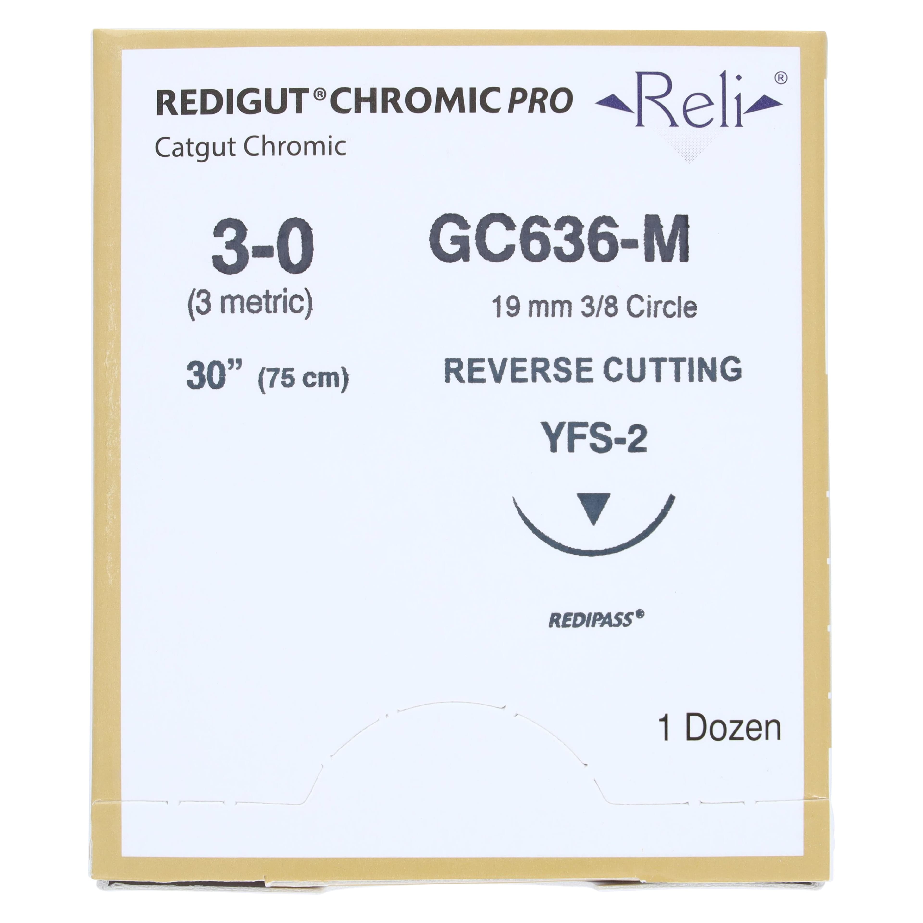 Reli Redigut Chromic Pro Suture 3-0, 30", YFS-2 Reverse Cutting, 3/8 Circle Needle, 24mm, Natural, 12/Box, GC636-M thumbnail 3