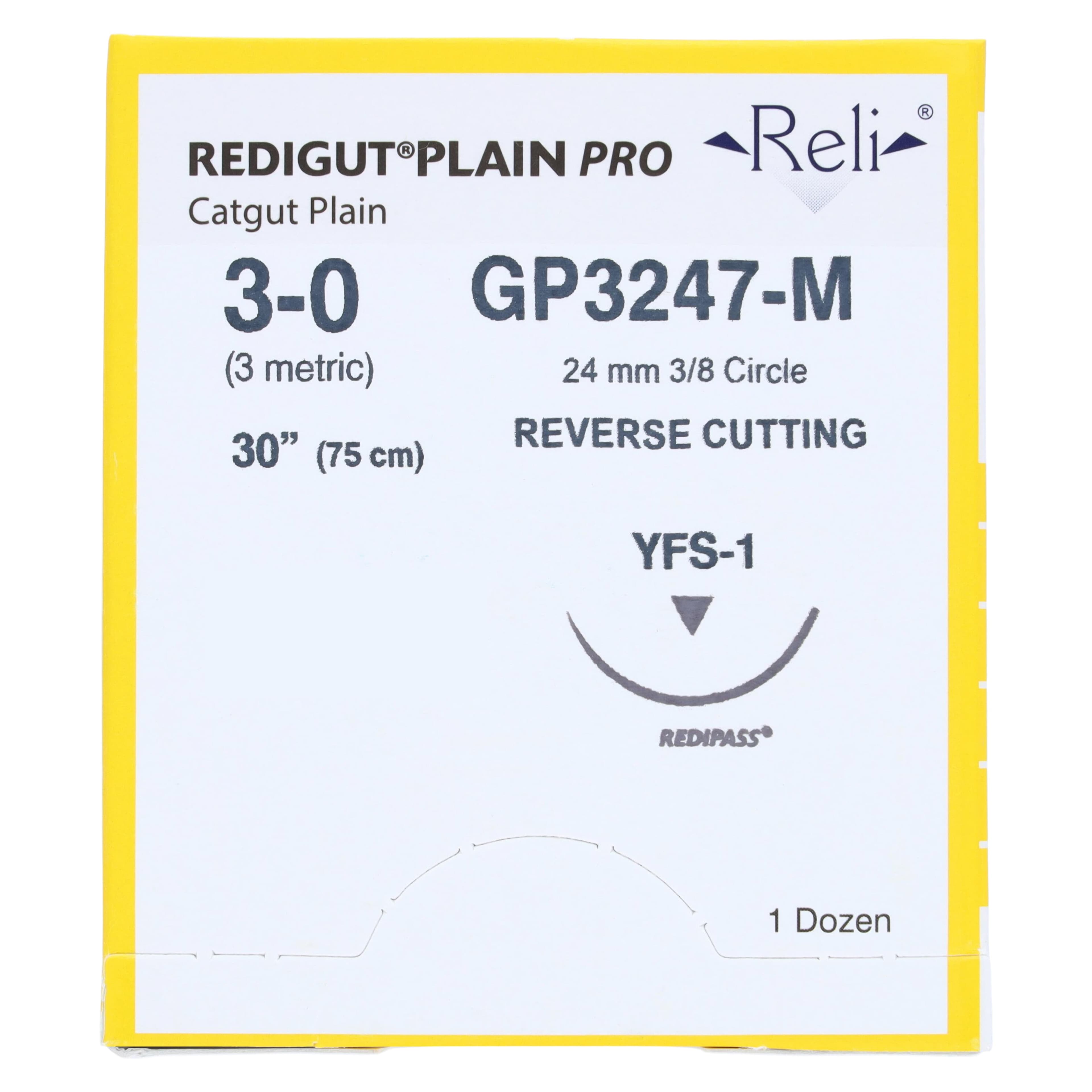 Reli Pro Plain Gut Suture 3-0, 30", YFS-1 Reverse Cutting Needle, 24mm, 3/8 Circle, Undyed, 12/Box thumbnail 3