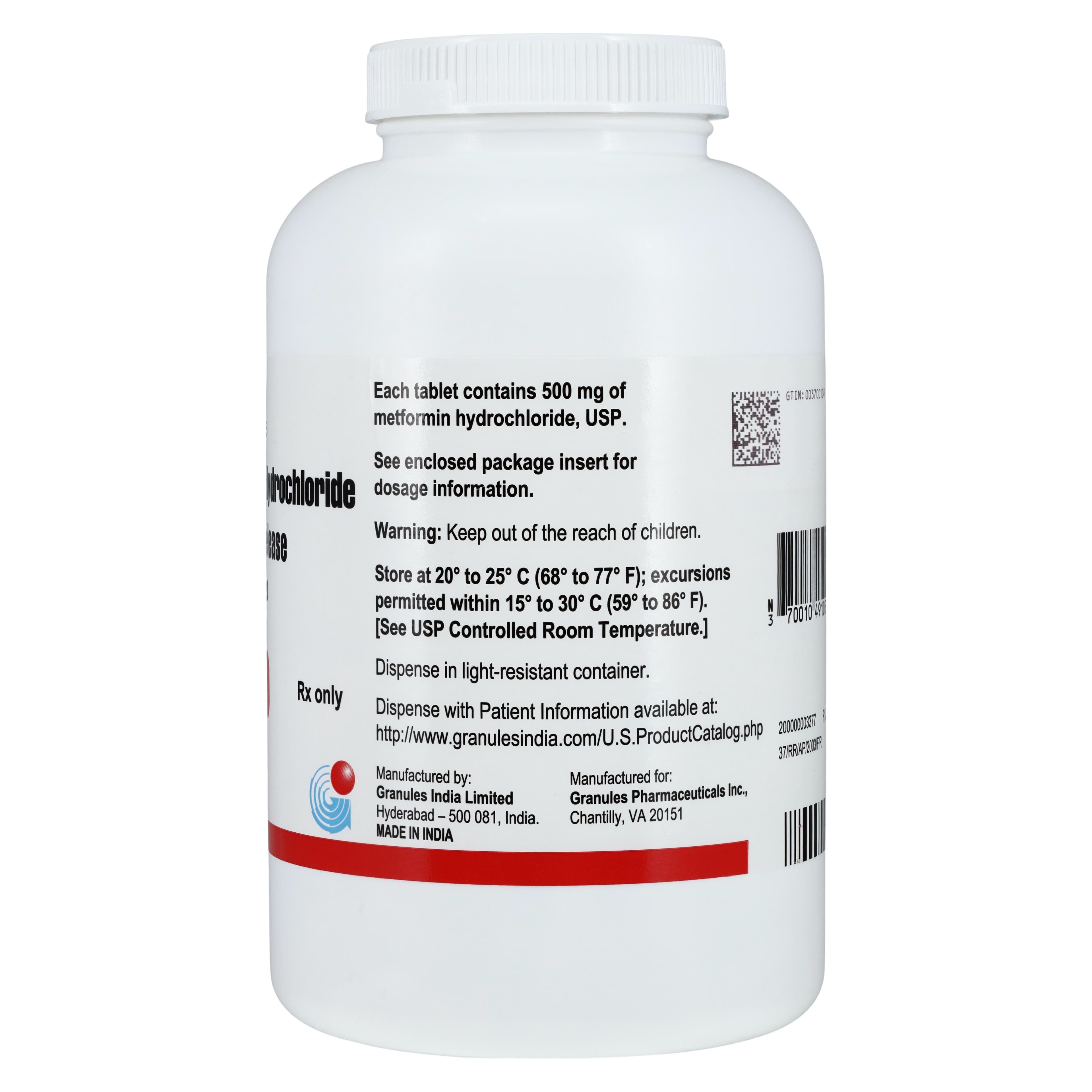 Metformin HCl ER Tablets 500mg, 500 Count Bottle (Granules Pharmaceuticals) thumbnail 2