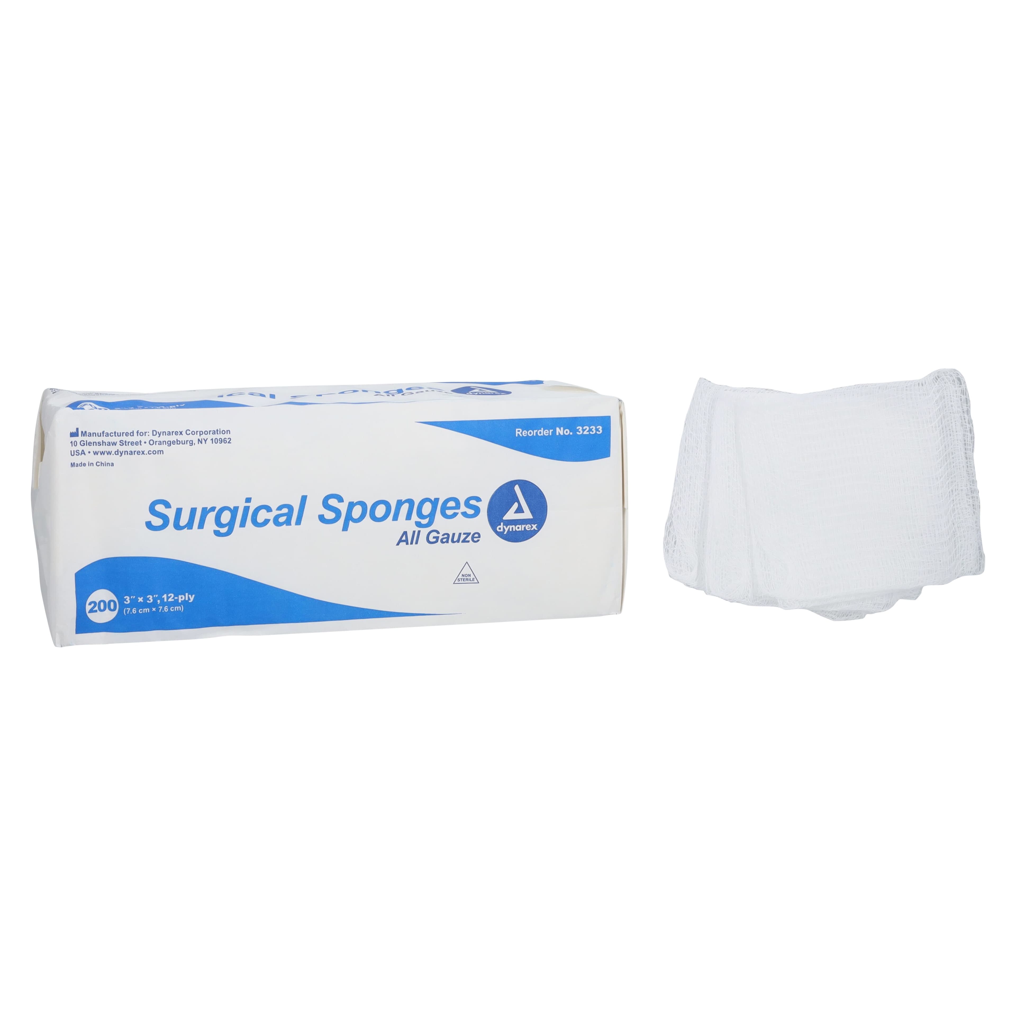Dynarex All Gauze Sponges, 3" x 3", 12 Ply, Non-Sterile, 100% Cotton, Latex-Free, 4000/Case, #3233 thumbnail 2