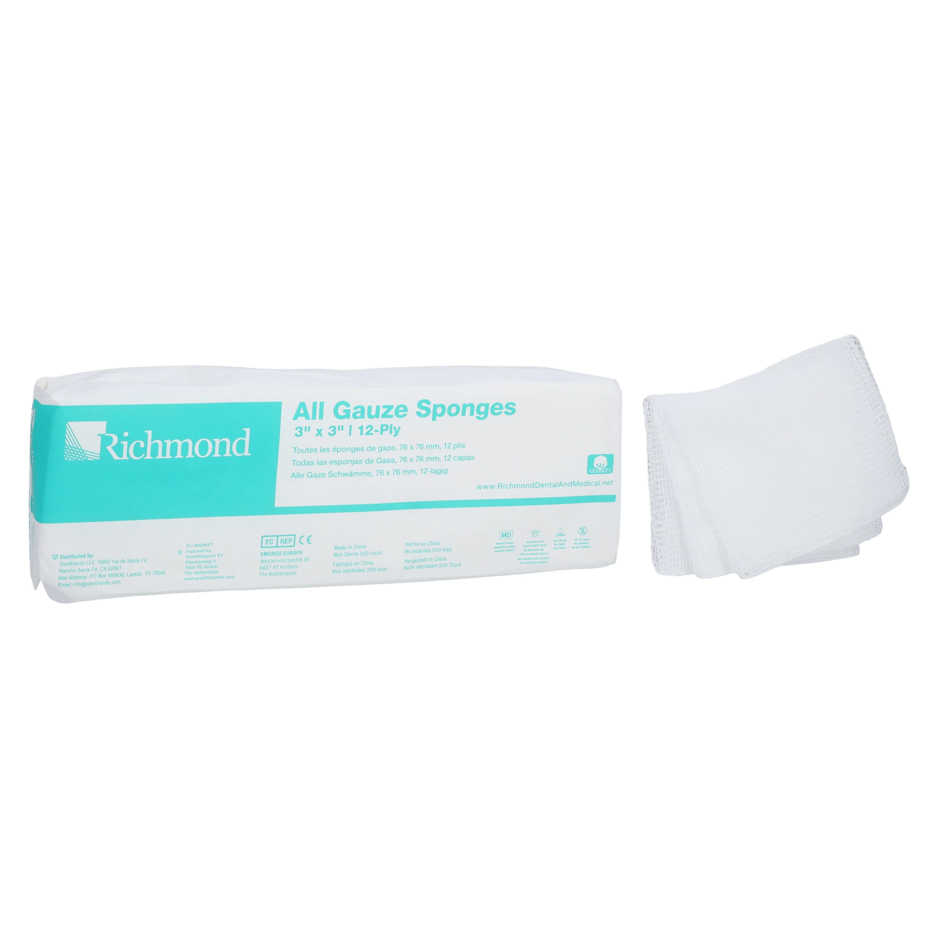 Richmond All Gauze Sponges, 3" x 3", 12-Ply, Non-Sterile, 200/Sleeve, 20 Sleeves/Case (4000/Case), 300421 thumbnail 2