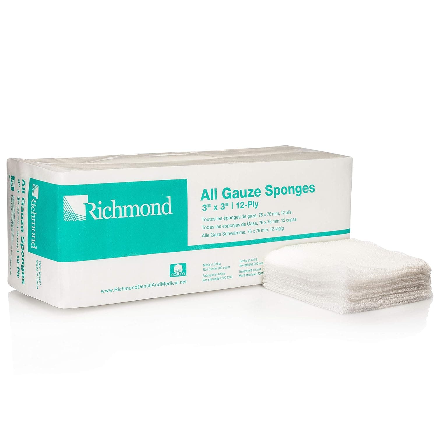 Richmond All Gauze Sponges, 3" x 3", 12-Ply, Non-Sterile, 200/Sleeve, 20 Sleeves/Case (4000/Case), 300421 - RICHMOND ALL GAUZE SPONGES 300421 - Image 1