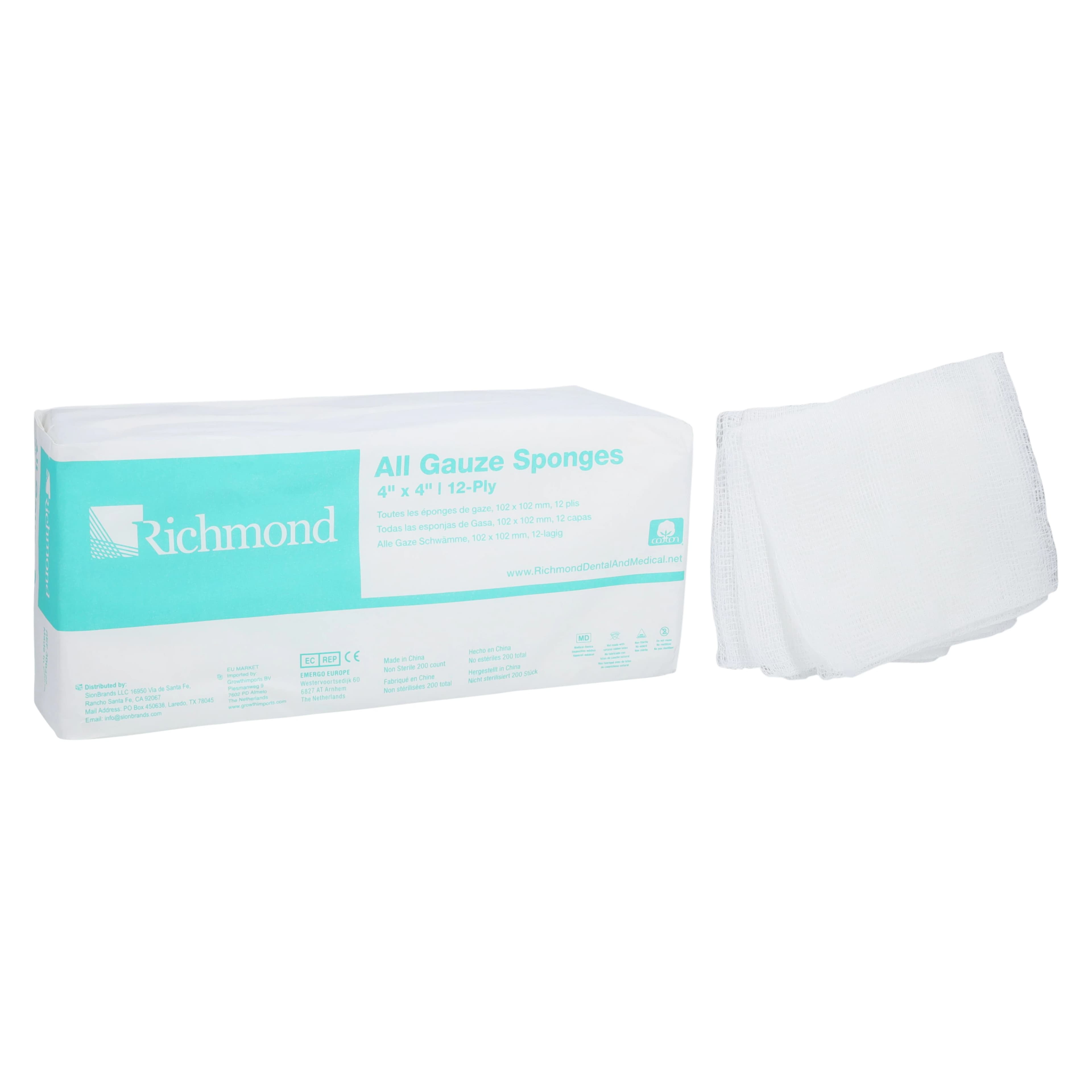 Richmond 4" x 4" 12-Ply All Gauze Non-Sterile Sponges, 2000/Case (10 Sleeves of 200), 300-423 thumbnail 2