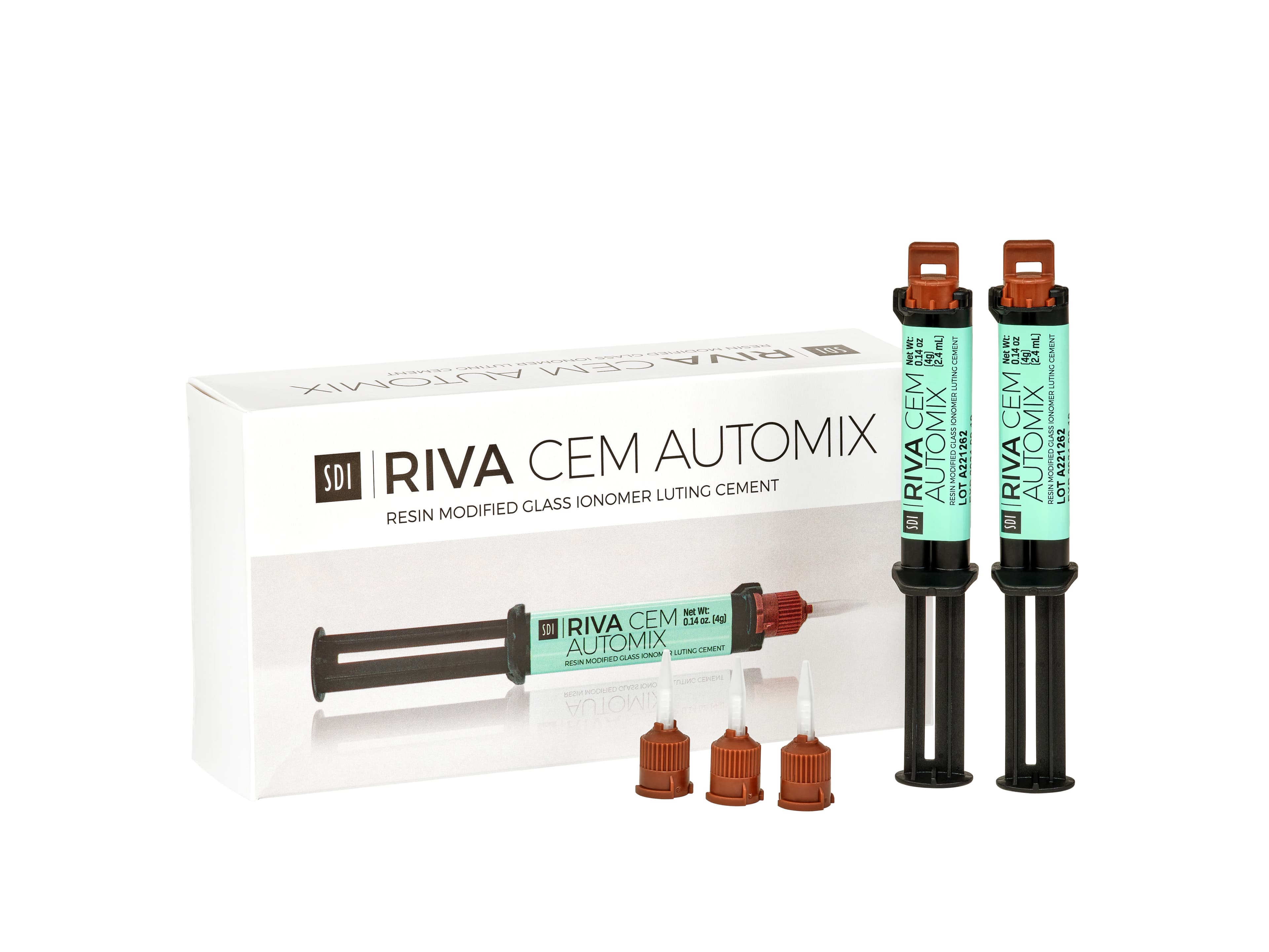 Riva Cem Automix Resin Modified Glass Ionomer Luting Cement Syringe Kit, 2 x 4g Syringes + 16 Mixing Tips, #8800703 - Riva Cem - Automix Syringe Kit - Image 1