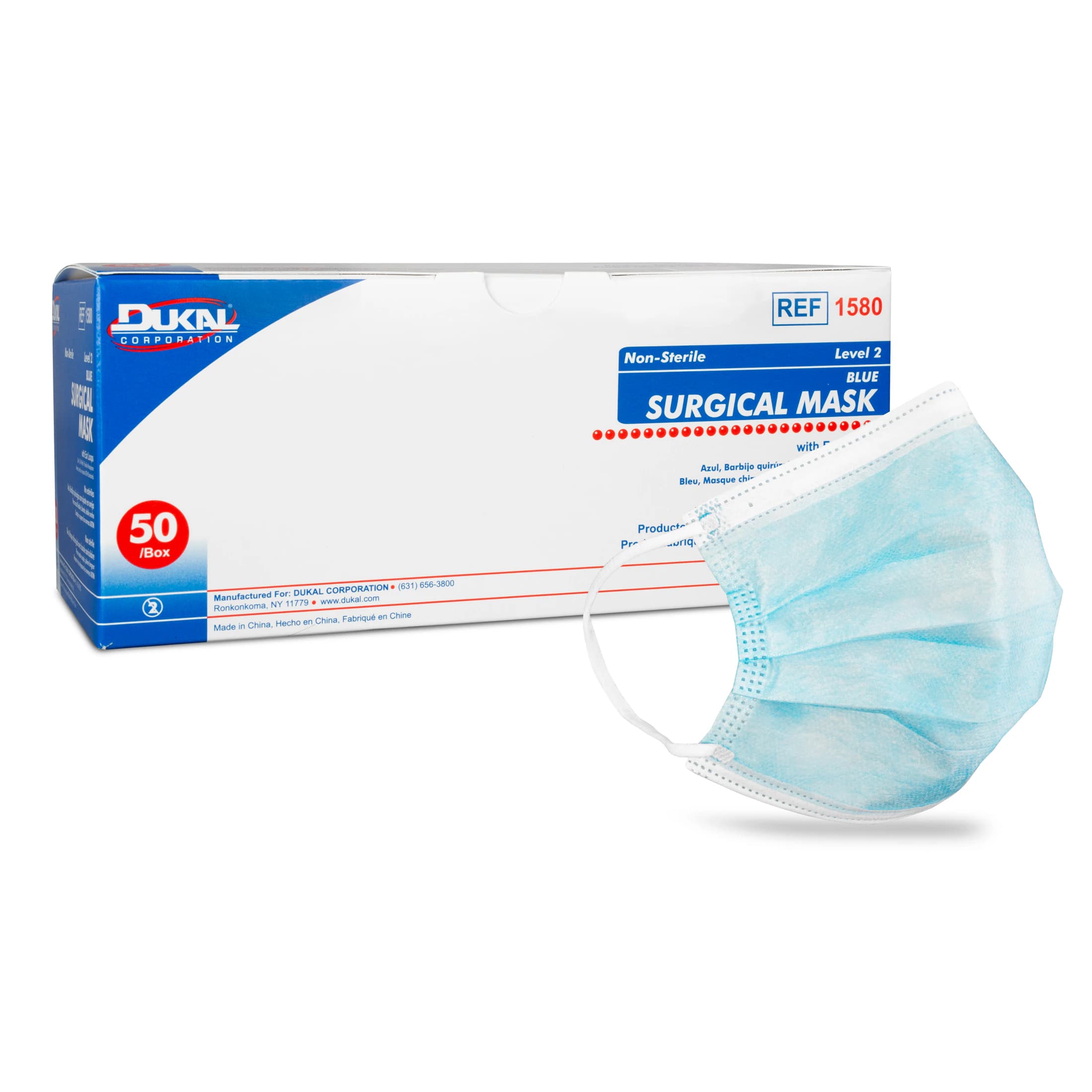 Dukal Surgical Face Mask Level 2, ASTM Level 2, Blue, Earloops, Adjustable Nose Piece, 600/Case - Surgical Face Mask Level 2 - Image 1